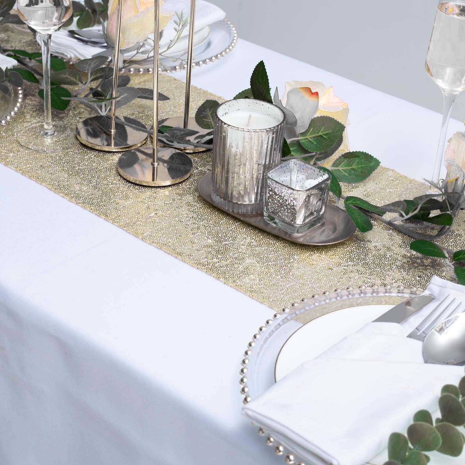 Camino de mesa de lentejuelas color champán, 12 x 72 pulgadas, paquete de 12 unidades, suministros de fiesta con purpurina para bodas, celebraciones de vacaciones