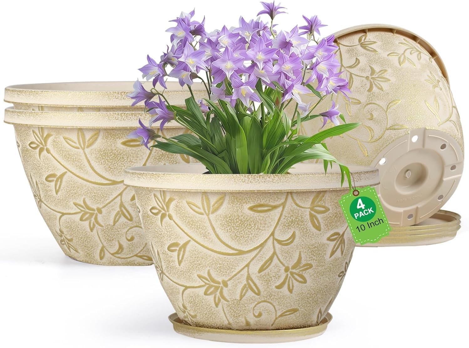 Nooulap 4 Pack 10 Inch Plant Pot with Drainage & Saucer, Plastic Flower Pots Outdoor Indoor, Beige Planters with Gold Flower Partten, for Patio, Garden Home Decor