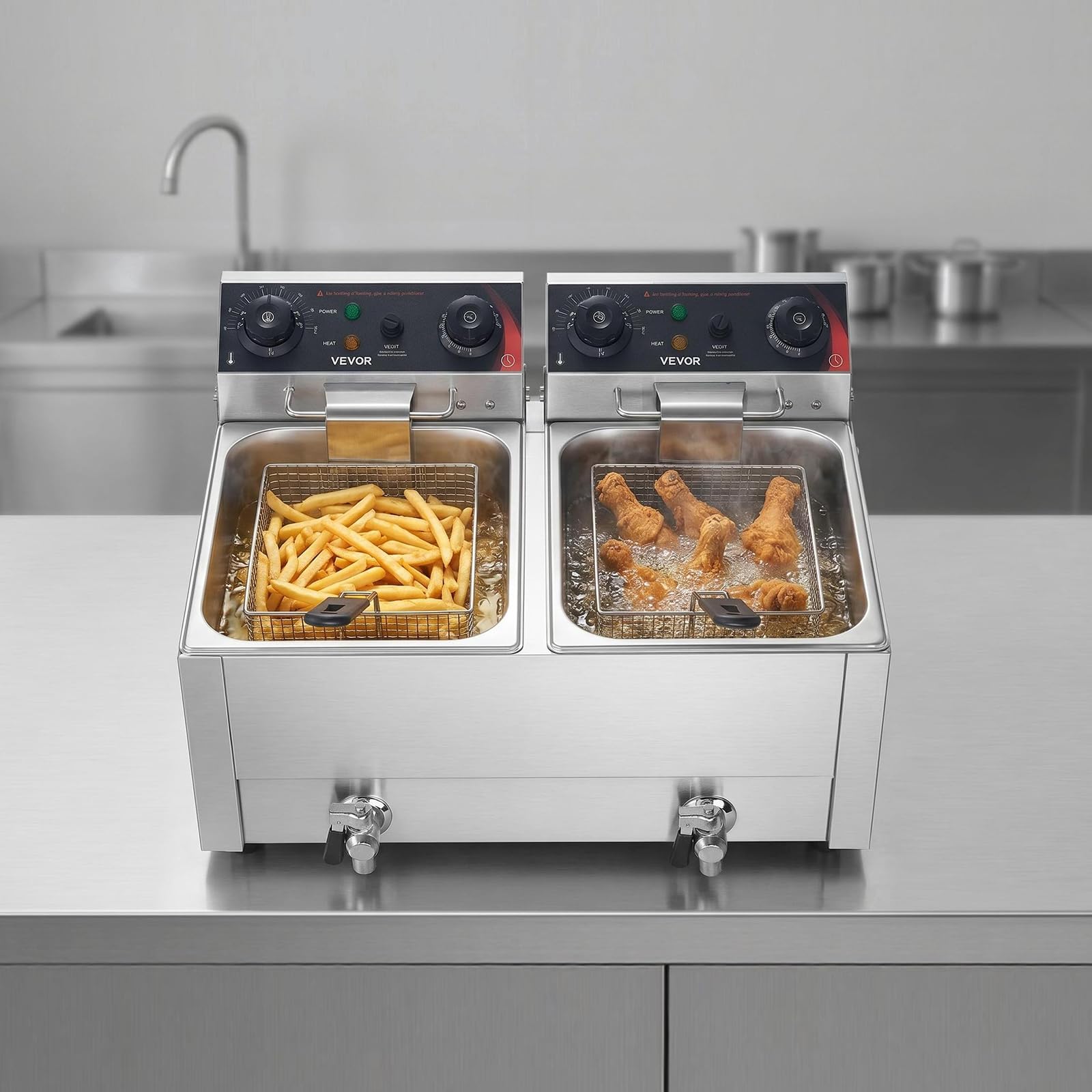 VEVOR Friggitrice Elettrica Doppio Vassoio, Friggitrice 5000 W Totale Acciaio Inox con Cestelli Coperchi 60-200 °C Temperatura Controllata Timer Protezione contro Surriscaldamento, Ristorante Cucina