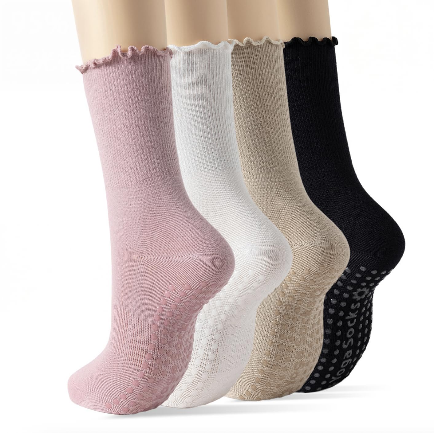 90% Cotton Pilates Yoga Socks with Grips for Women - Crew Length Ballet Barre Socks - Sticky Workout Hospital Socks 4 Pairs