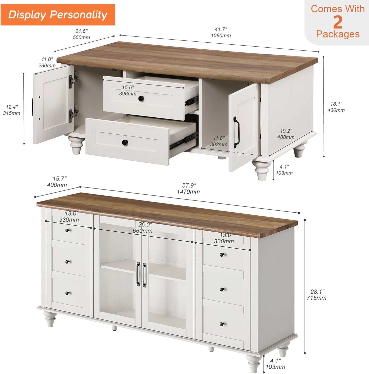 WAMPAT Farmhouse TV Stand and Coffee Table Set of 2, Entertainment Center for 70 Inch TV, Modern Coffee Table with Storage Cabinet, 2 Piece Living Room Table Set, White