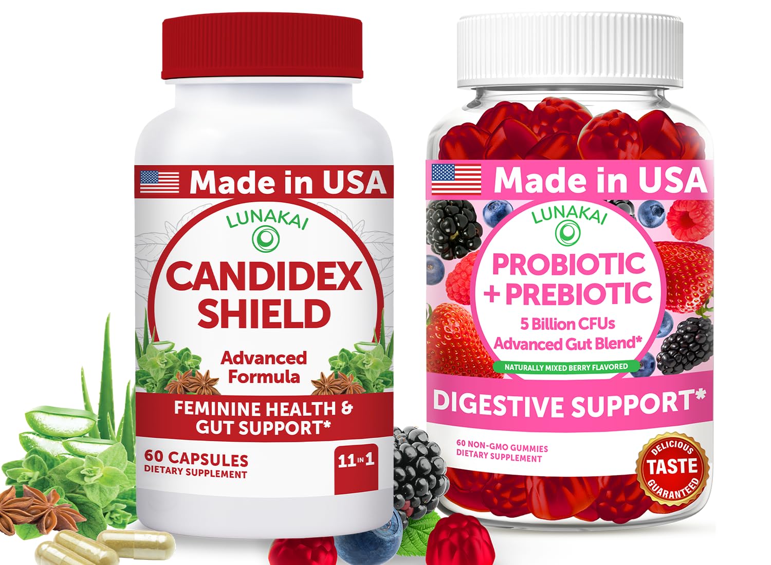 Lunakai USA Made Candida & Probiotic Gummies Bundle – Gut Support with Herbal Blend, Probiotics & Prebiotics – 60 Ct Each