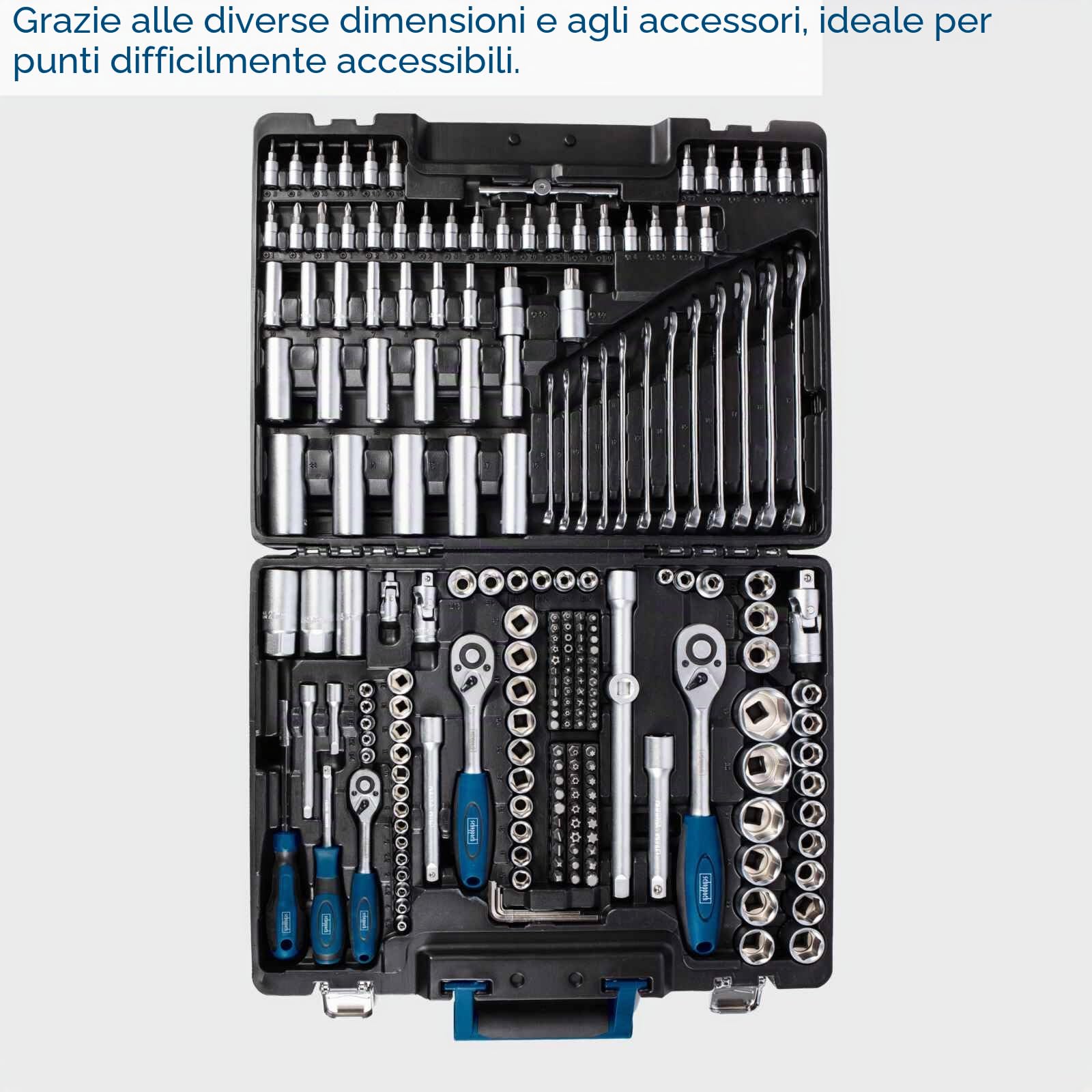 Scheppach TB217 Cassetta degli attrezzi riempita | Set di attrezzi da 217 pezzi | Cassetta degli attrezzi con chiave a bussola, punte, cricchetti, chiavi a forchetta e marce, set di chiavi a bussola