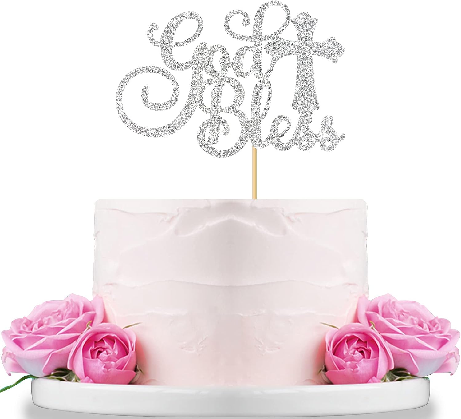 WeBenison God Bless Cake Topper Silver Glitter First Communion Baby Shower Party Decorations Bless This Child