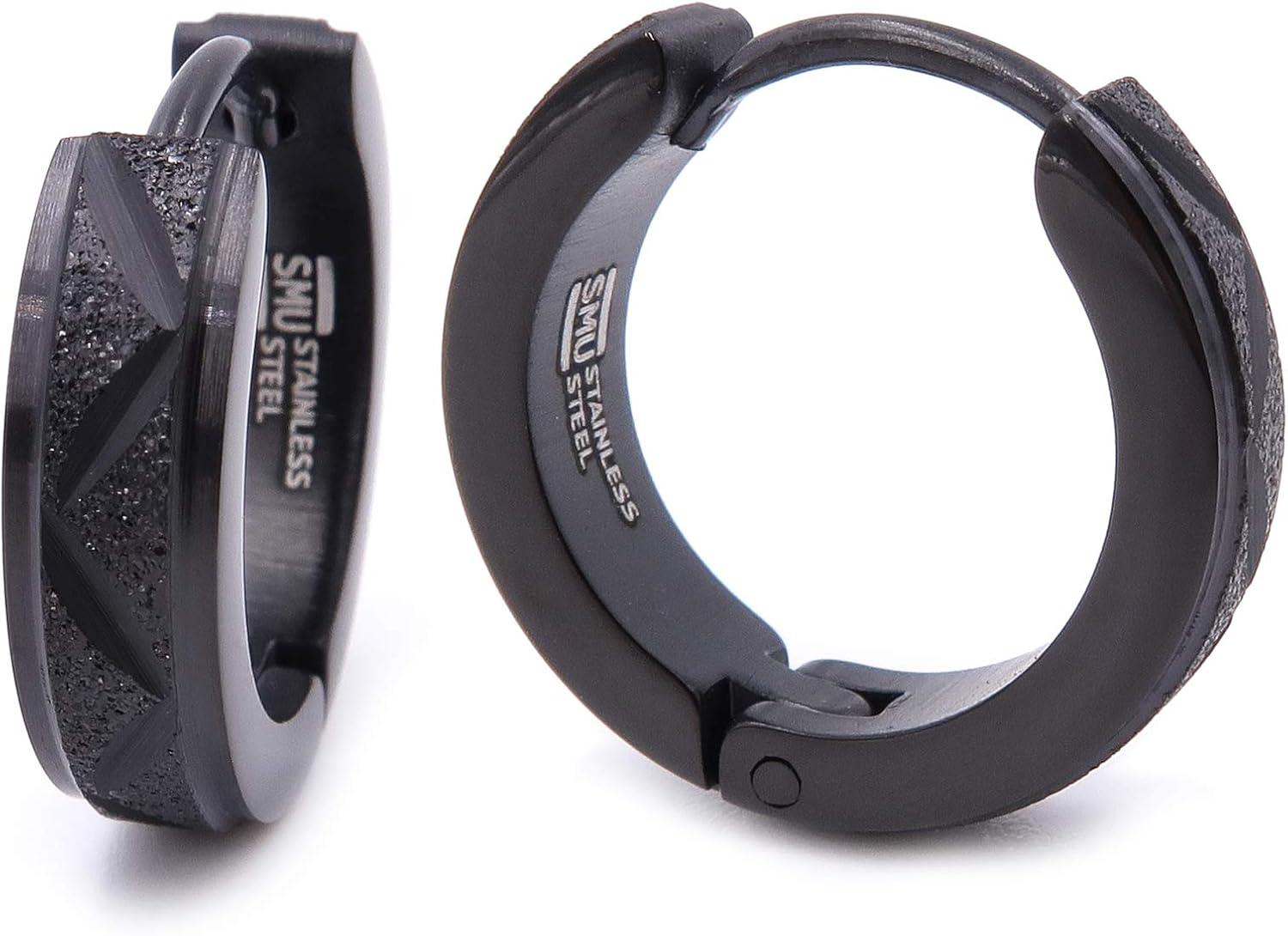 Stainless Steel Mens Hoop Earrings Zig Zag Stripe Gold-tone Black Bevel Edge