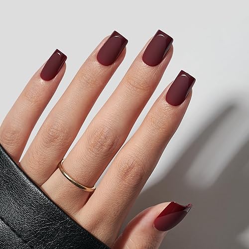BTArtbox Press on Nails Short Square - Dark Red Nails with Glossy French Tips in a Matte Finish, Soft Gel Fake Nails Glue On Nails in 16 Sizes for for Valentine's Day Gift, Cozy Cocoa - 20-Cozy Cocoa