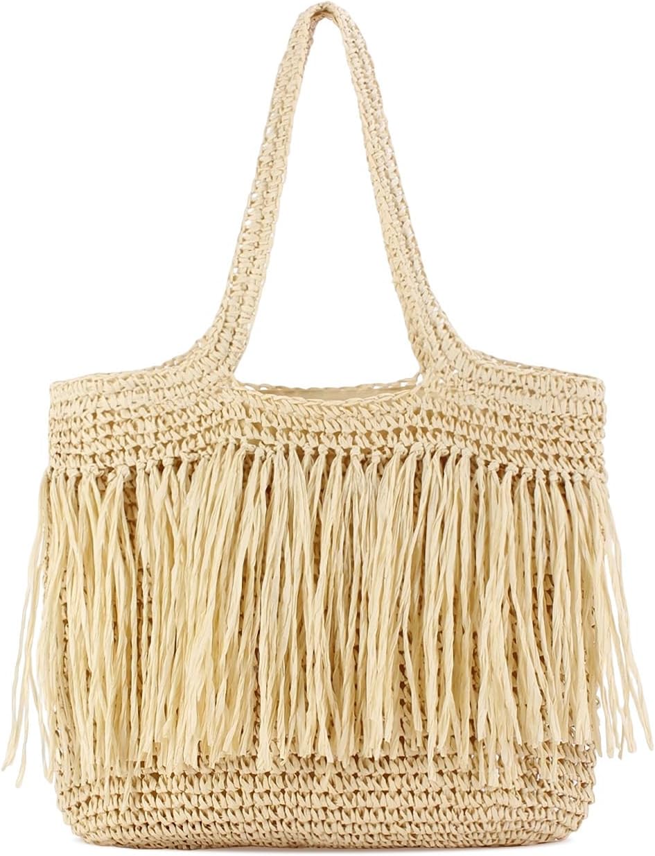 Large Capacity Fringe Straw Beach Tote Bag for Women vacation Summe，Lightweight HandWoven Shoulder Bag