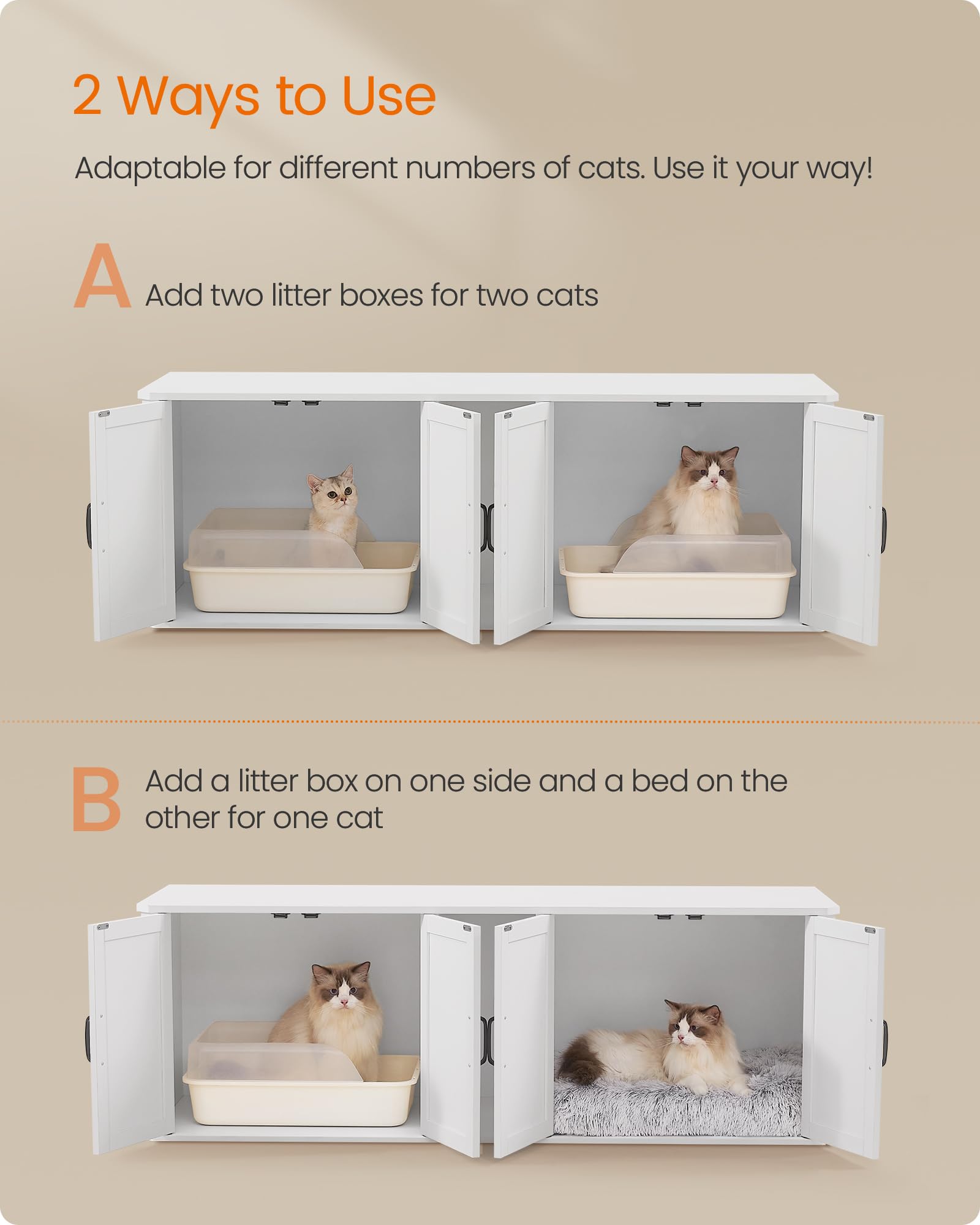 Amazon.com: Feandrea Double Cat Litter Box Enclosure, Modern Litter Box  Furniture Hidden for 2 Cats, Front Entry, Cat House, Side End Table, TV  Stand, 59 x 19 x 19.5 Inches, Cloud White