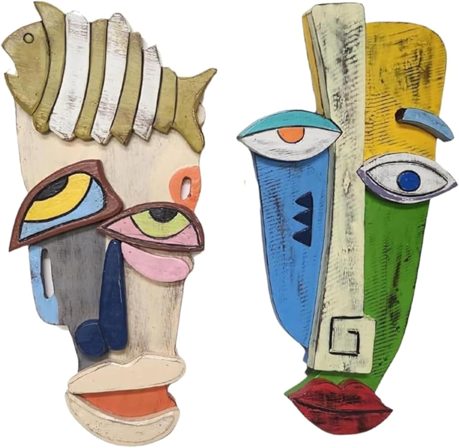 WorldBazzar 3 Pc Abstract MASK African Hand Carved Wooden Tribal Tiki MASK Wall Decor FACE Cubist Picasso, Medium