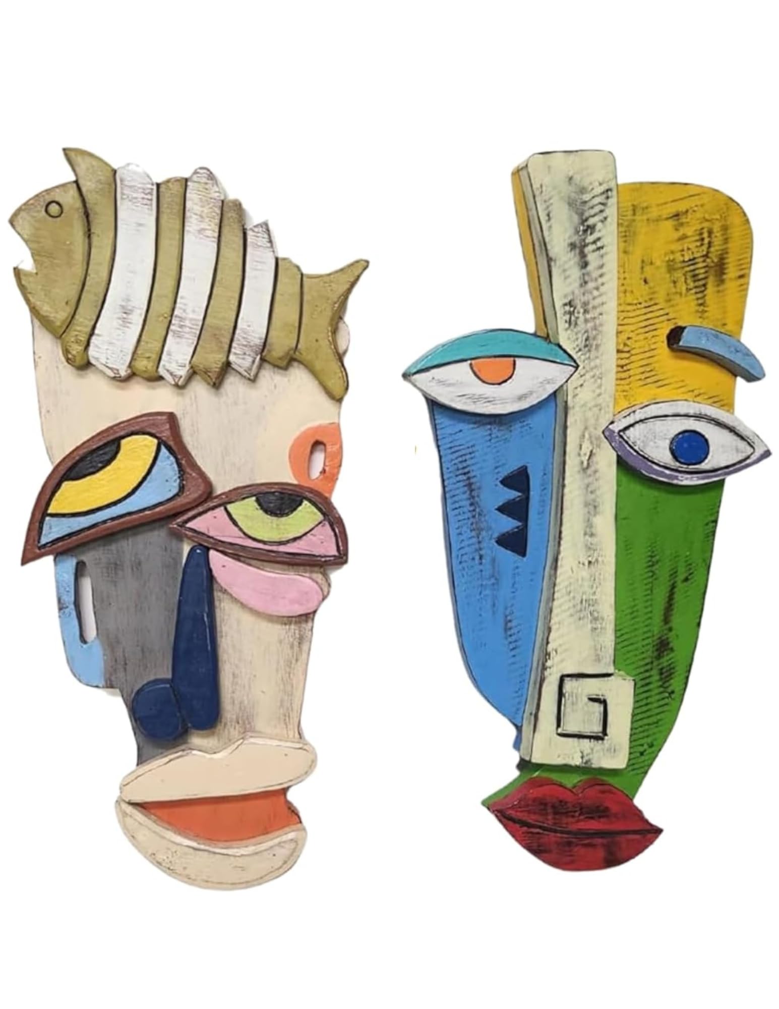 WorldBazzar 3 Pc Abstract MASK African Hand Carved Wooden Tribal Tiki MASK Wall Decor FACE Cubist Picasso, Medium
