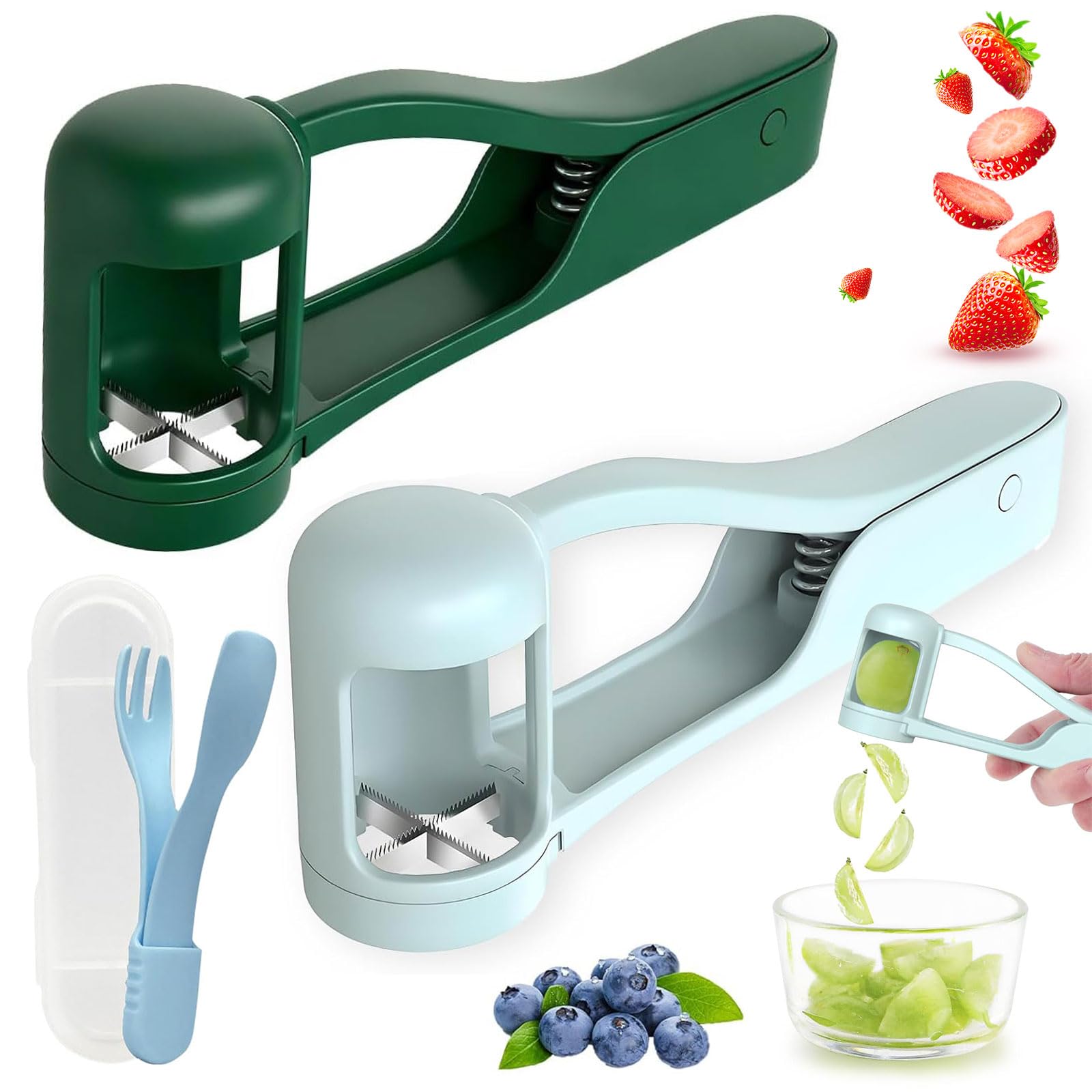 2Pcs Grape Cutters with Ergonomic Anti Slip Handle, Small Fruit Slicer, Multi Grape Slicer for Tomato Cherry Strawberry Olive(Blue, Green)