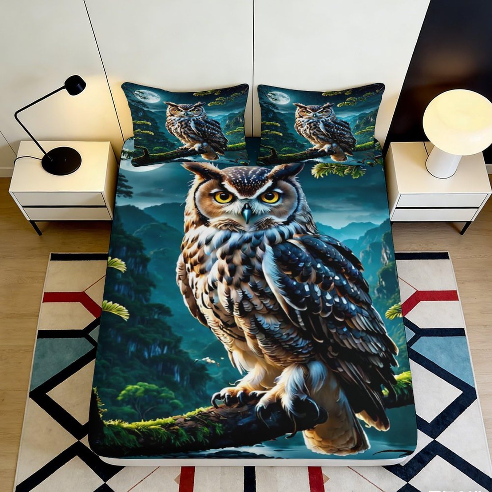 3D Printed Owl Forest Fitted Sheet Microfiber Anti-Slip Bed Sheet for Bedroom Guestroom Decor Easy Care 90x200x25cm
