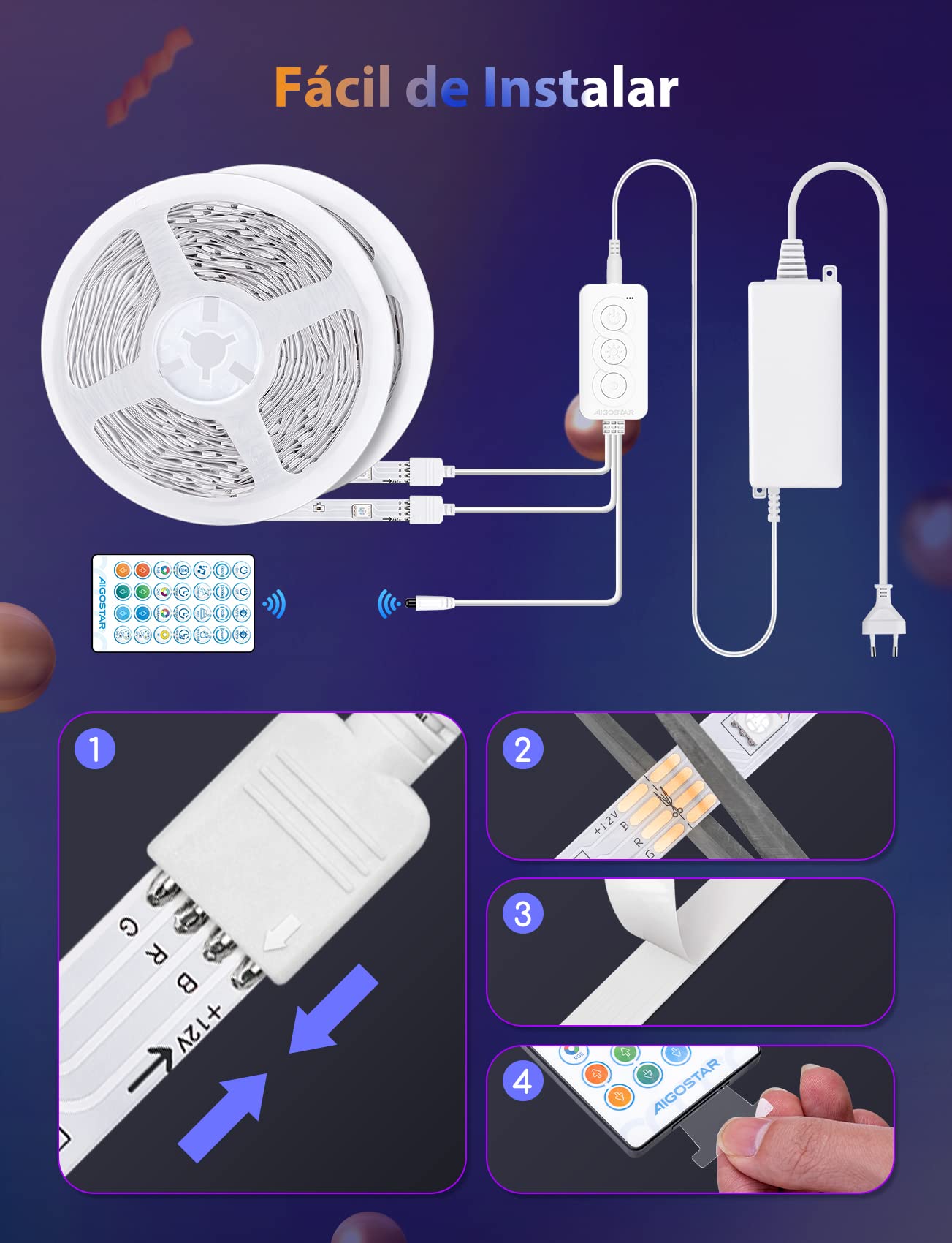 Aigostar Tira LED Alexa 20 M, Luces LED Habitacion Inteligente Compatible con Alexa, Google Assistant, Música DIY, Tira LED RGB para Habitacion, Cocina, Fiesta, Bricolaje, Decoración del Hogar
