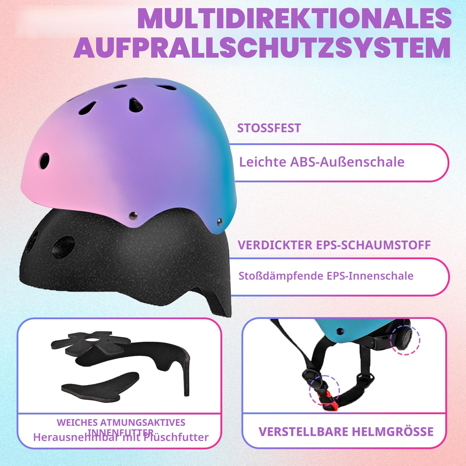 Verstellbarer Kinder Fahrradhelm Skaterhelm für Mädchen Jungen Jugend, Farbe Farbverlauf Kinder Schutzhelme für Multi-Sportarten Fahrrad Skateboard Skaten