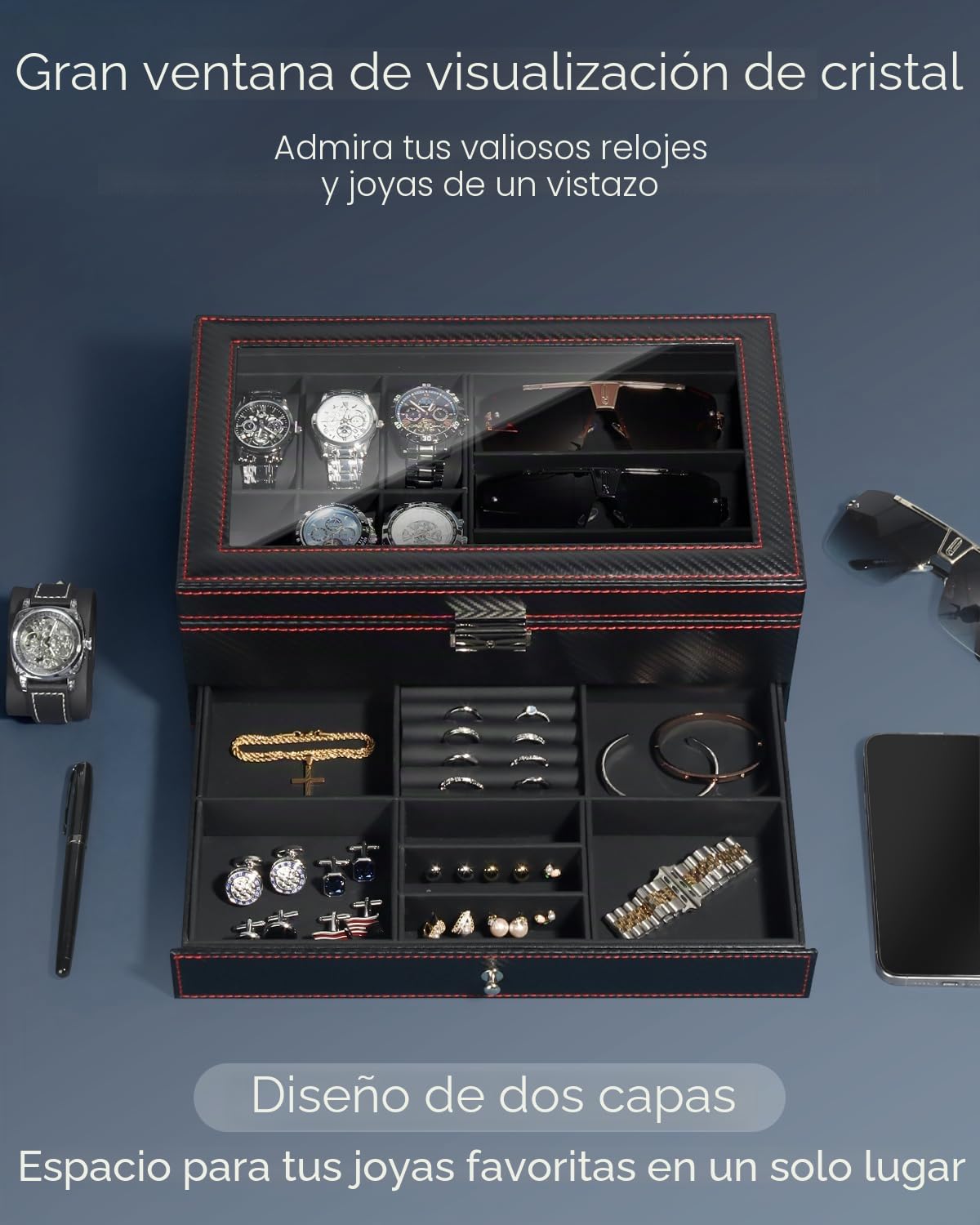 Caja para relojes y gafas de sol con tapa de cristal – Joyero para hombres, 6 compartimentos, 2 niveles, estuche para relojes con cerradura, caja de almacenamiento y exhibición – Regalo para hombres y