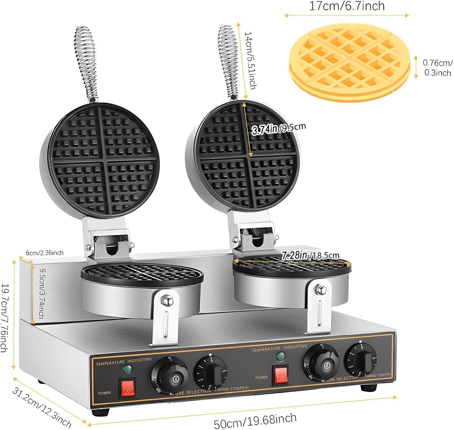 Commercial Waffle Maker - 2400w Adjustable Temperature Control Double Waffle Maker | 110v Round Bubble Waffle Maker with Nonstick Plates | Chaffle Maker for Grilled Cheese, Brownies and Quesadilla