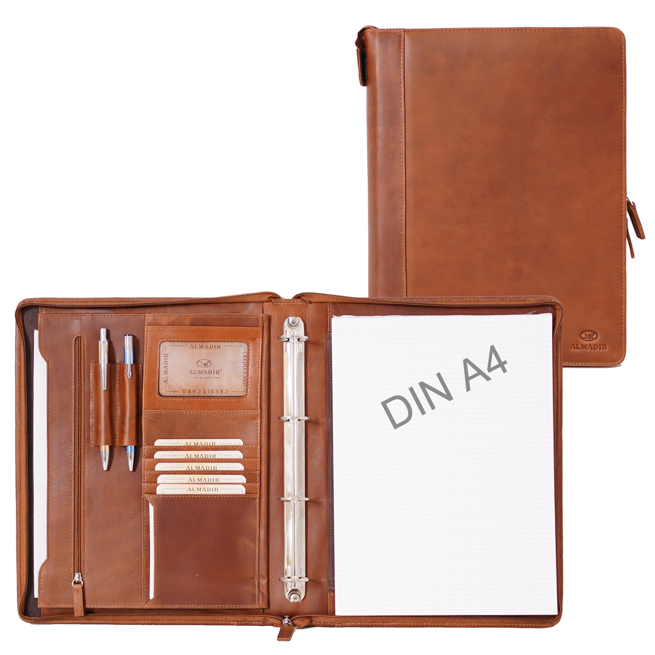 ALMADIH A4 Dokumentenmappe echt Leder mit Schreibblock BD Ledermappe Ringbuchmappe Mappe Schreibmappe Organizer Terminkalender Aktenmappe Konferenzmappe (Braun Deluxe)
