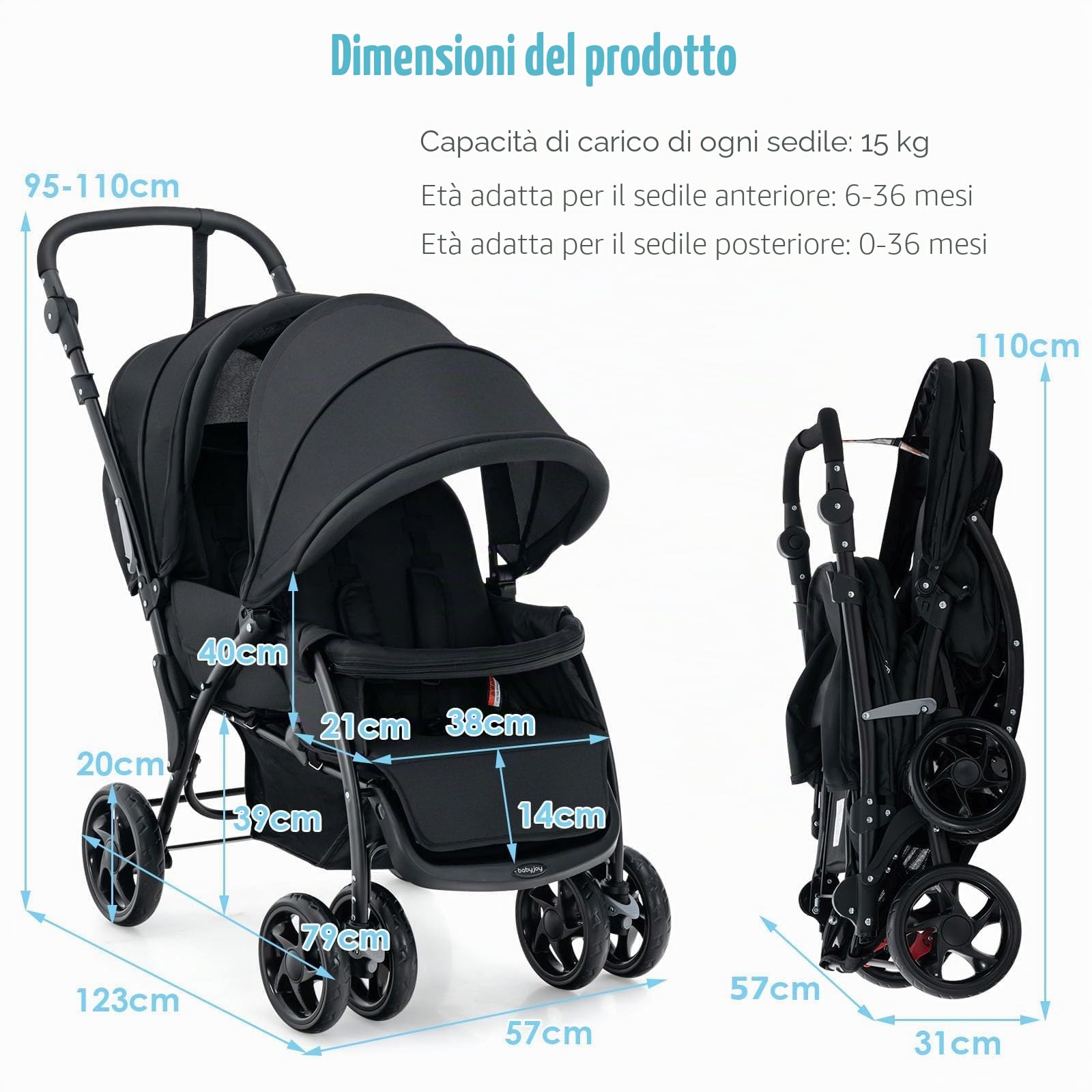 FANTASK Passeggino gemellare pieghevole con schienale regolabile e tettoia, per bambini dai 6 mesi, portata 30 kg (nero)