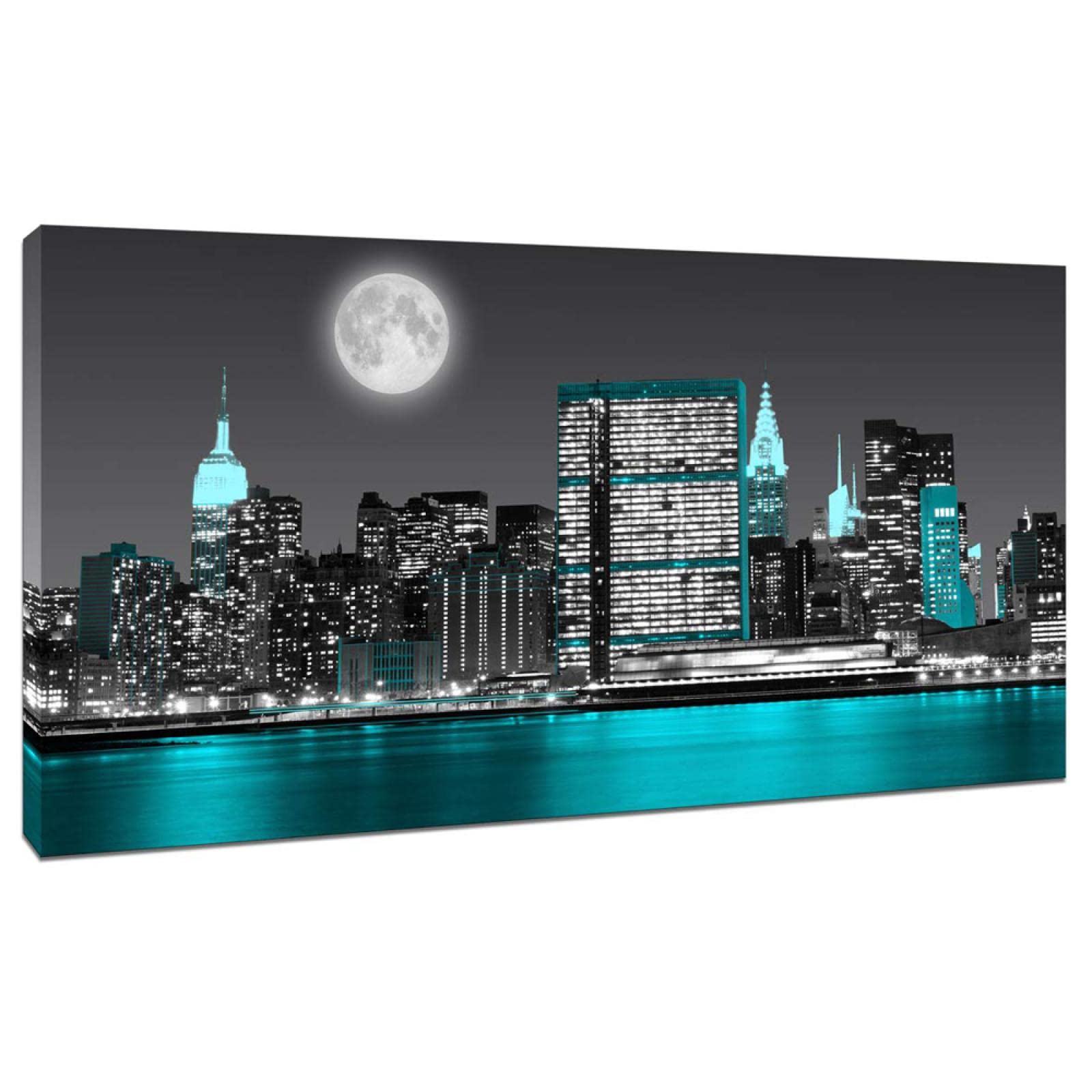 Księżyc Empire State Skyline Budynek miejski Krajobraz Obrazy panoramiczne na płótnie-Natura Plakat Sztuka Druki - Płótno Sztuka ścienna Wydruk do salonu Dekoracja 80 x 160 cm (32 x 63 cale) bez ramy
