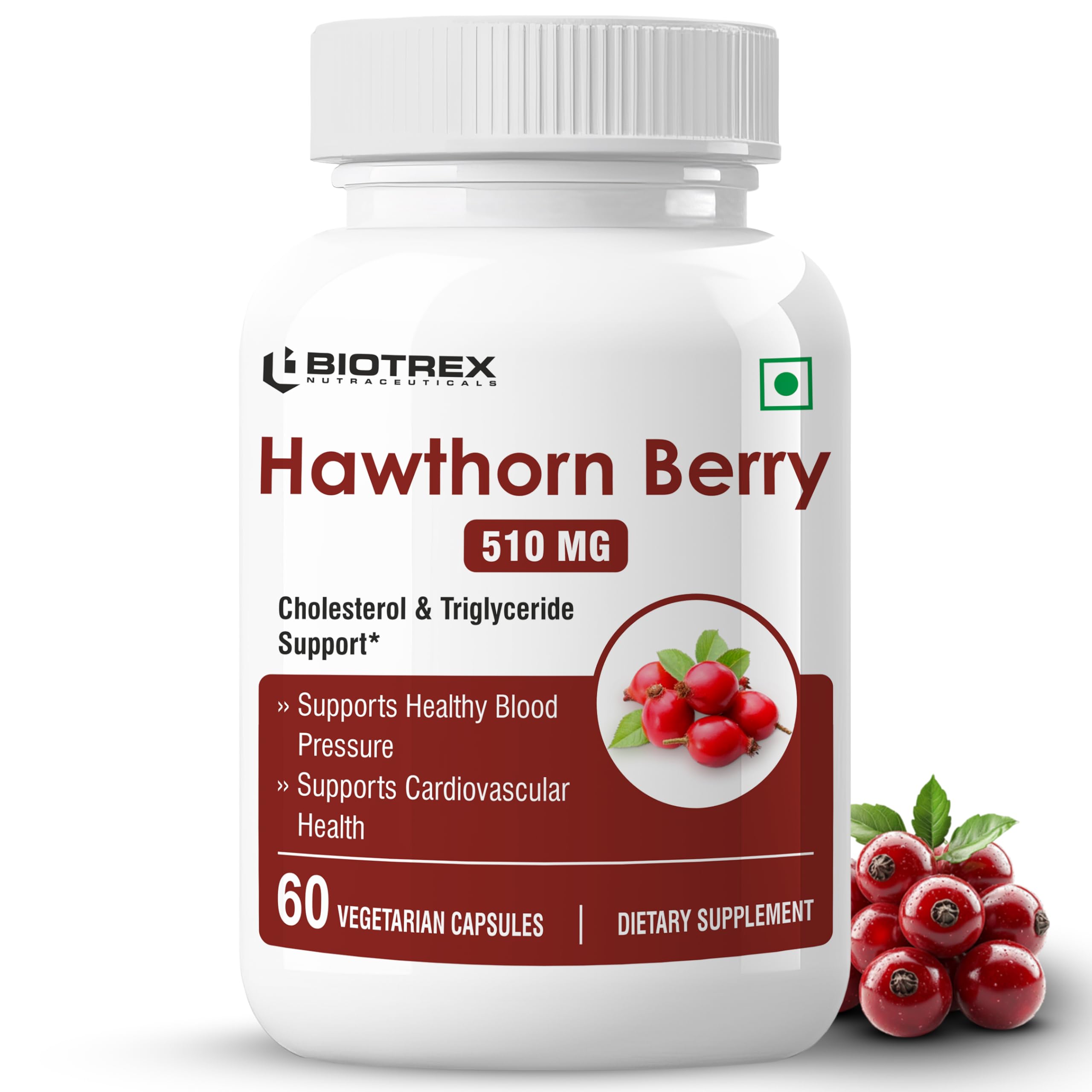 Biotrex Nutraceuticals Hawthorn Berry Supplement 510mg | Supports Cardiovascular Health | Powerful Antioxidant | Skin, Heart And Digestive Health | 60 Veg Capsules
