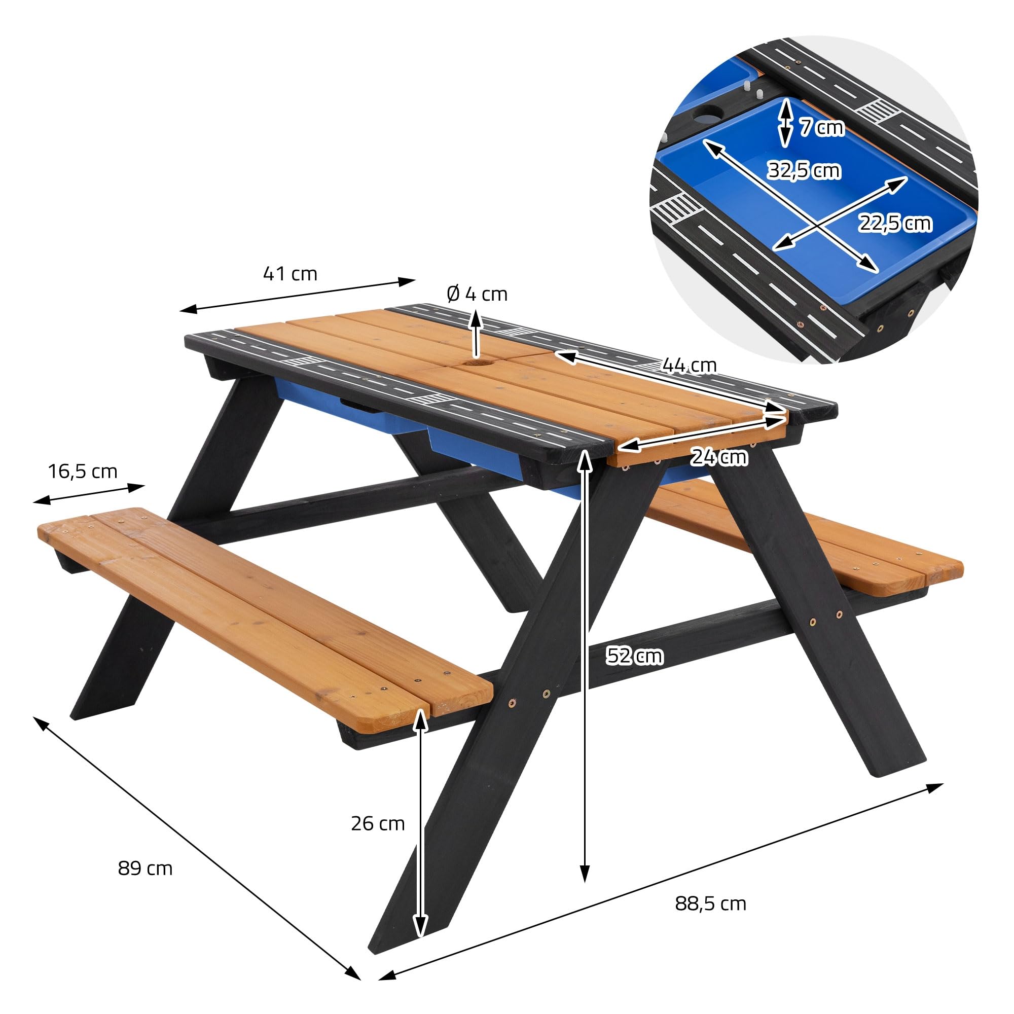 ML-Design - Seggiolini 2 in 1 con tavolo sabbia-acqua, legno massiccio, 2 vasche giardino, esterno, tavolo picnic