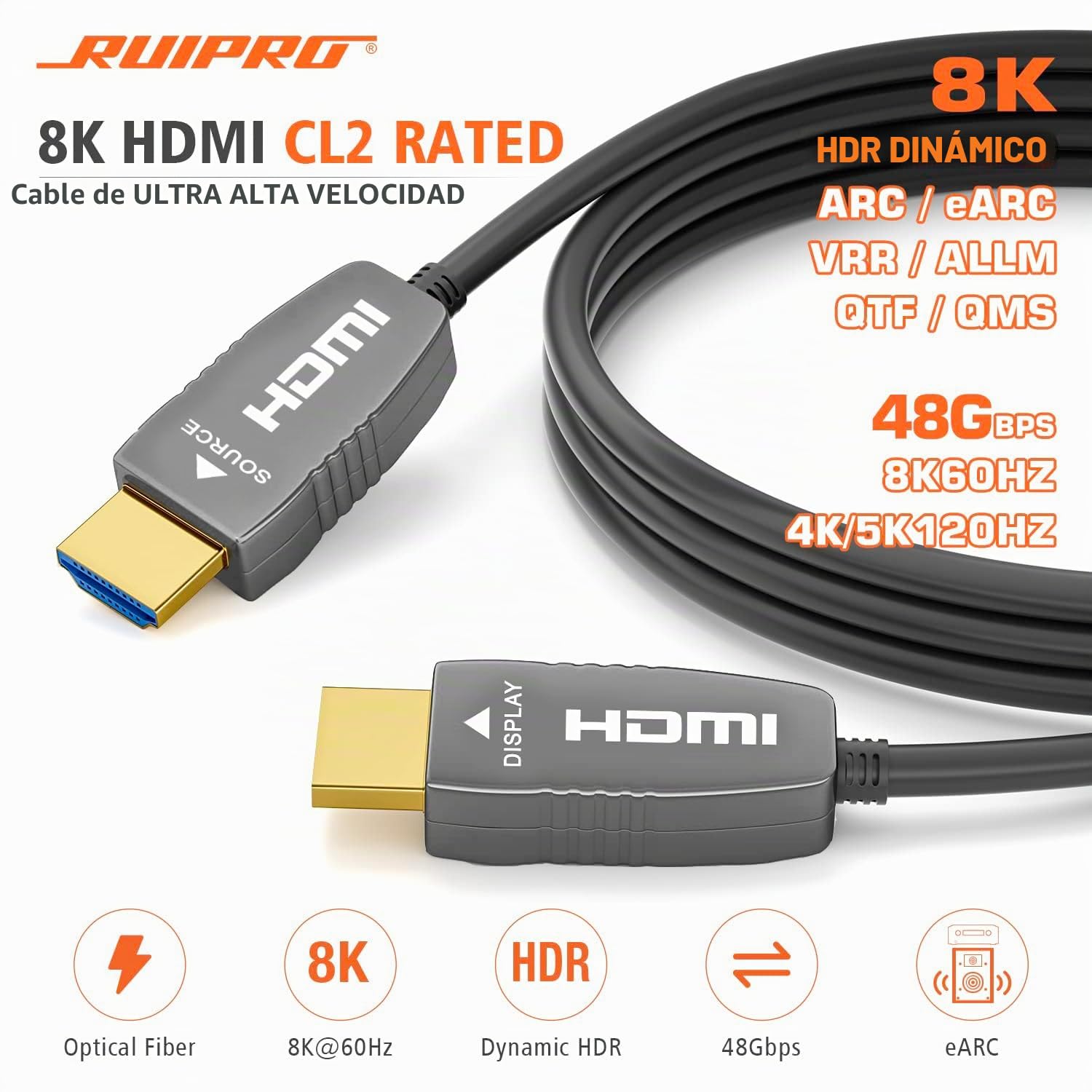 RUIPRO Cable HDMI 2.1b 8K de fibra óptica, CL2, Ultra High Speed, 10 m | 4K@120Hz, VRR y ALLM ofrecen gaming fluido; eARC aporta audio envolvente para PS5, Xbox y sistemas de cine en casa