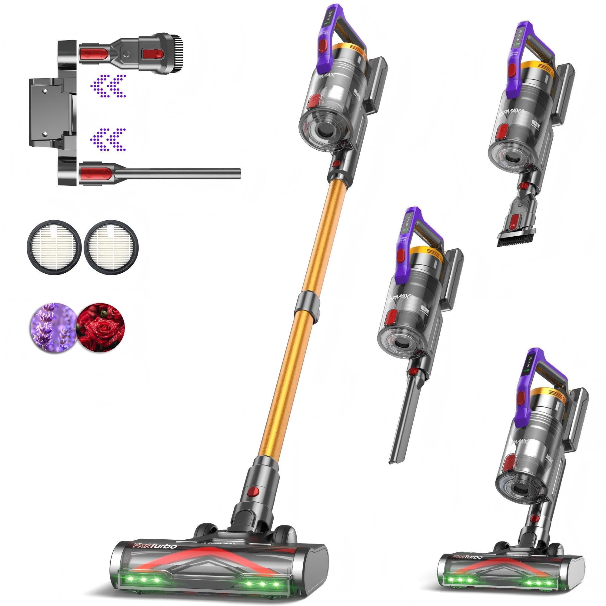 KIPMAX Akku Staubsauger 50000Pa/550W/70Min,1.5L Staubsauger Kabellos mit Display,Anti-Tangle-Bürste,7-Schicht-Filtra & 2 Duftplatten,Selbststehend Akkustaubsauger für Teppiche/Tierhaar/Hartböden