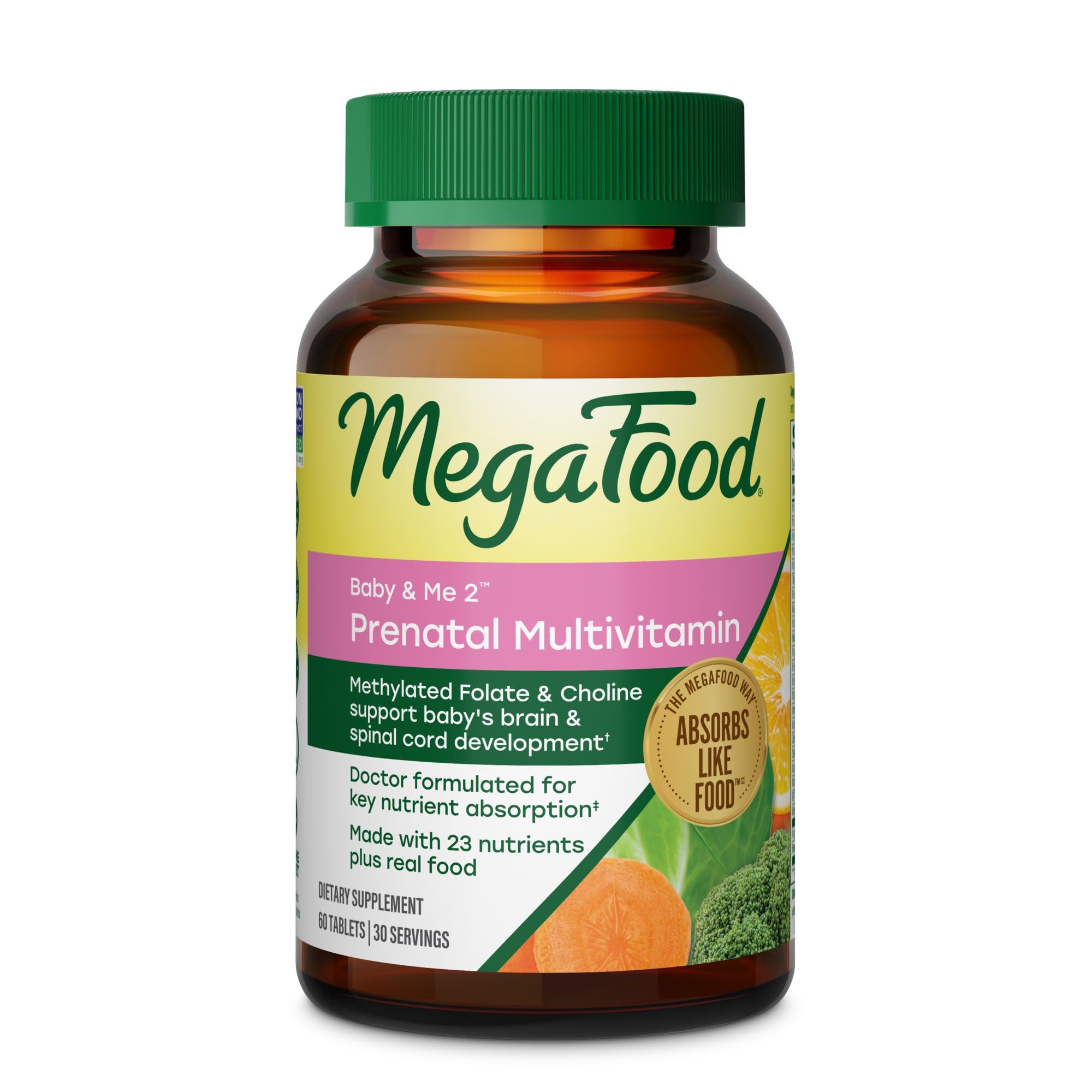 MegaFood Baby & Me 2 Prenatal Vitamins, Doctor Formulated, 60 Tablets | Prenatal Vitamins for Women with Methylfolate, Choline, Iron, Iodine, Vitamin C & D3, Non-GMO, Vegetarian, 30 Servings