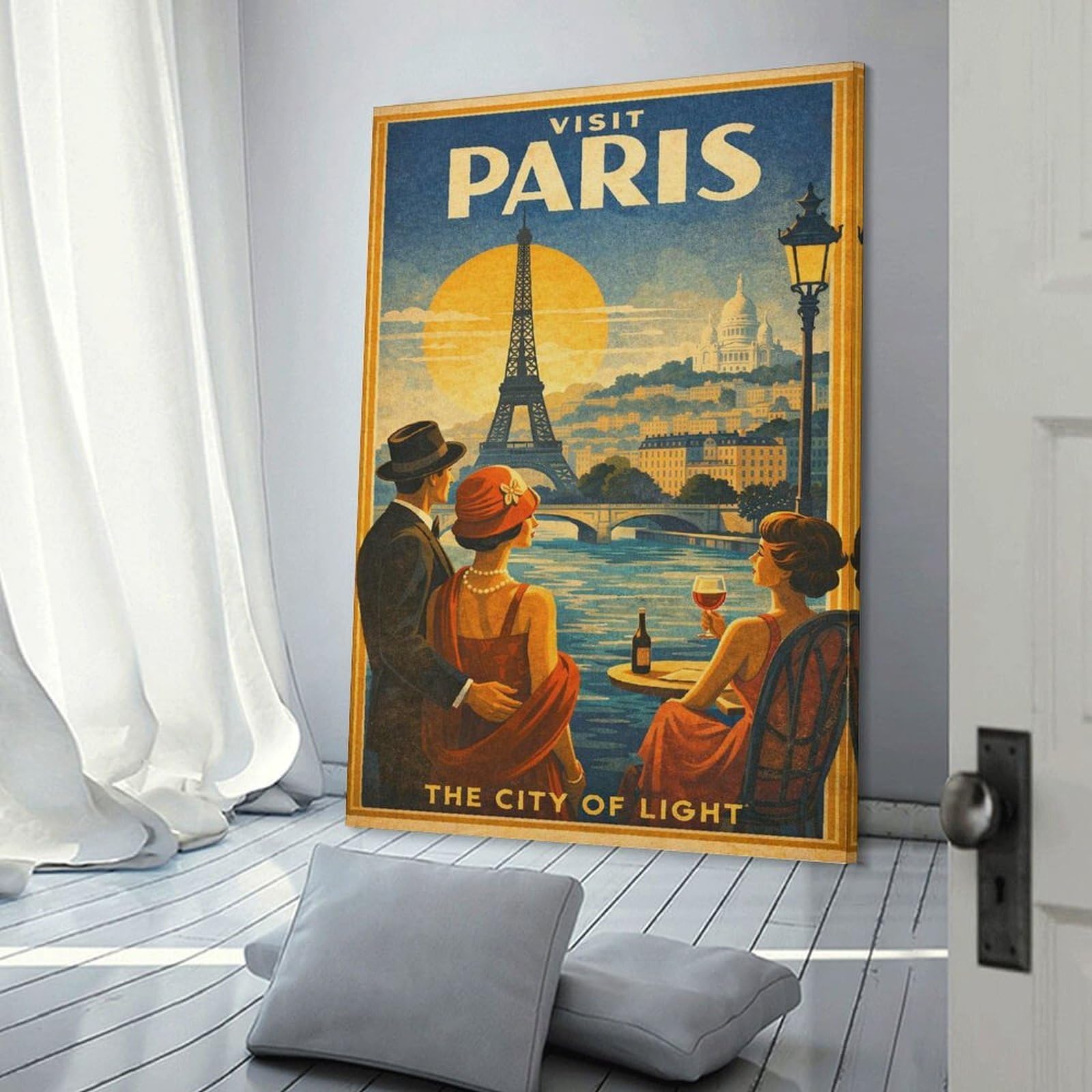 Junmoney Visit Paris City of Light Vintage Canvas Wall Art 08x12inch(20x30cm), for Study, Office Or Focused Interiors, Home Office Artwork with Decorative Appeal
