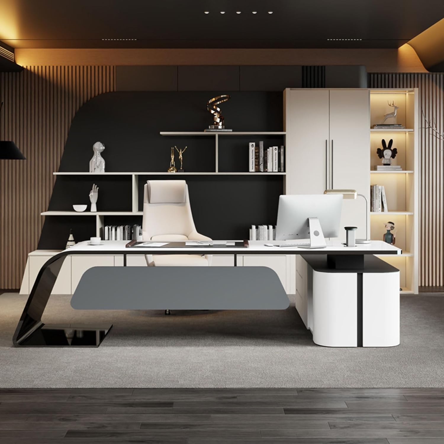 102" Modern Luxury Executive Office Desk, L Shaped Computer Desk with Storage Cabinet, Study Writing Table Business Furniture Set for CEO Boss