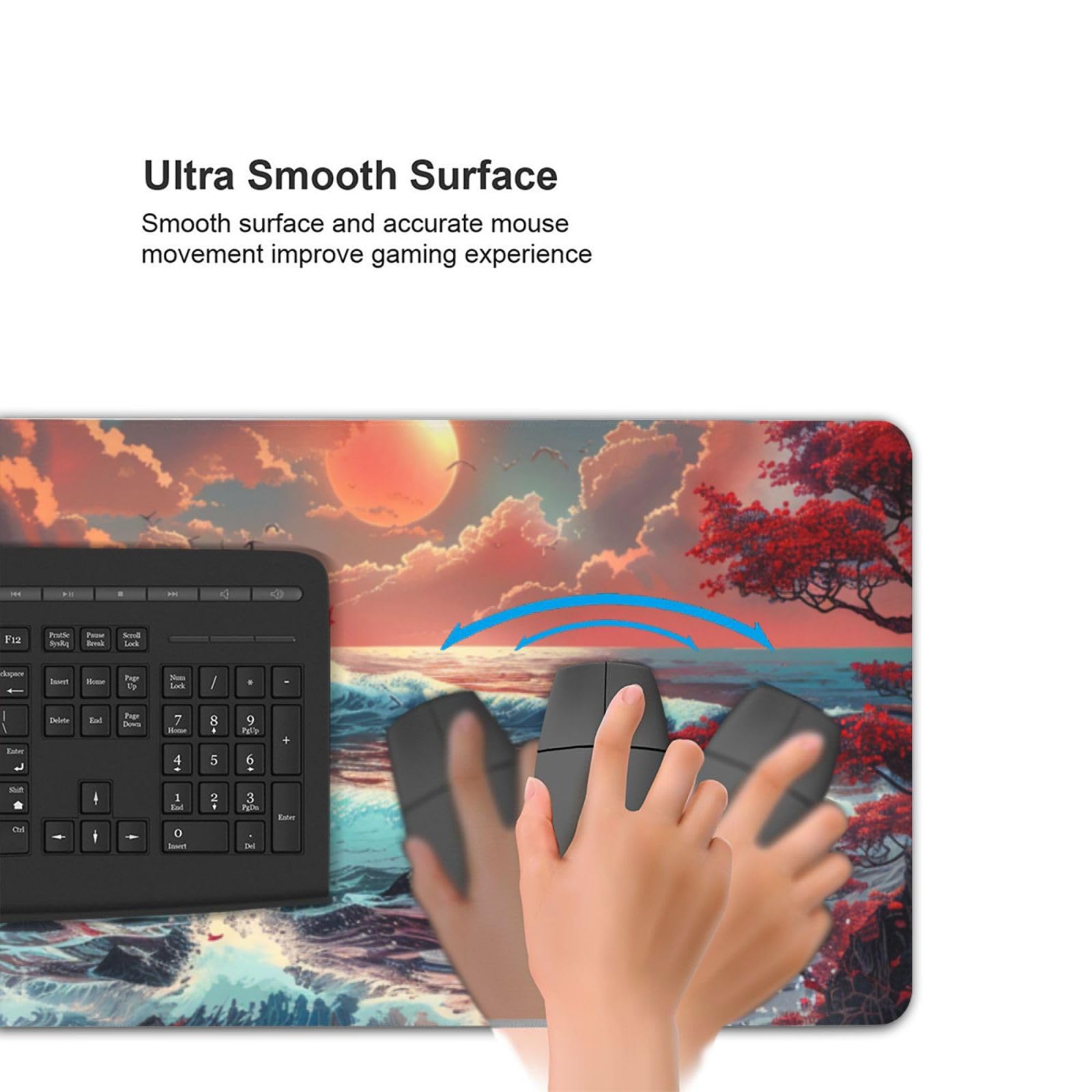 Alfombrilla de escritorio japonesa, 48 x 24 pulgadas, alfombrilla de mouse grande extendida con ondas marinas, tamaño XXXL, alfombrilla de mouse para juegos con base antideslizante de 3 mm y