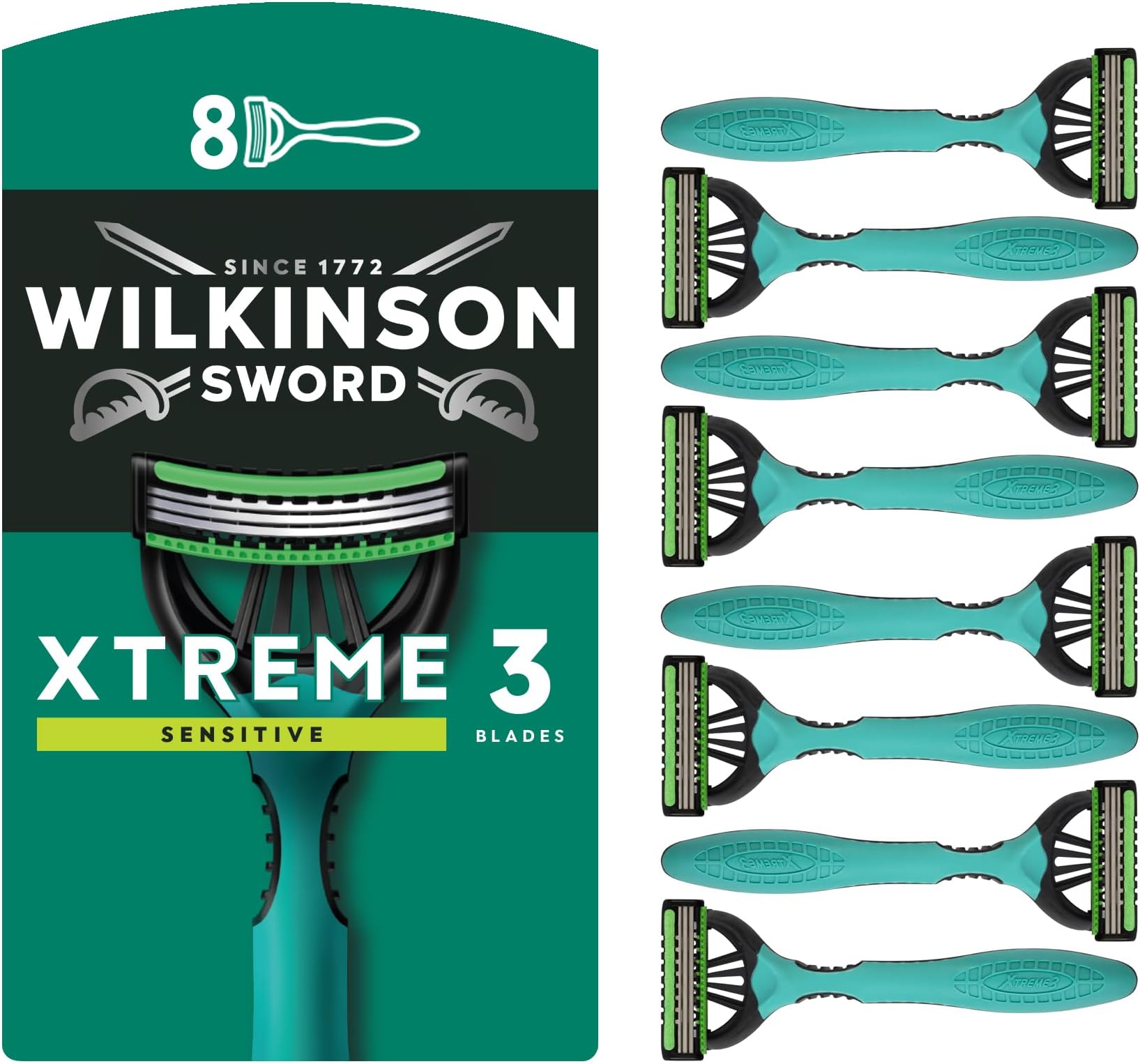 Xtreme 3 Sensitive Men's Disposable Razors, Great Addition to Wash Bags for Men's Grooming, Great Shavers for Routine Shaving, 8 Pack
