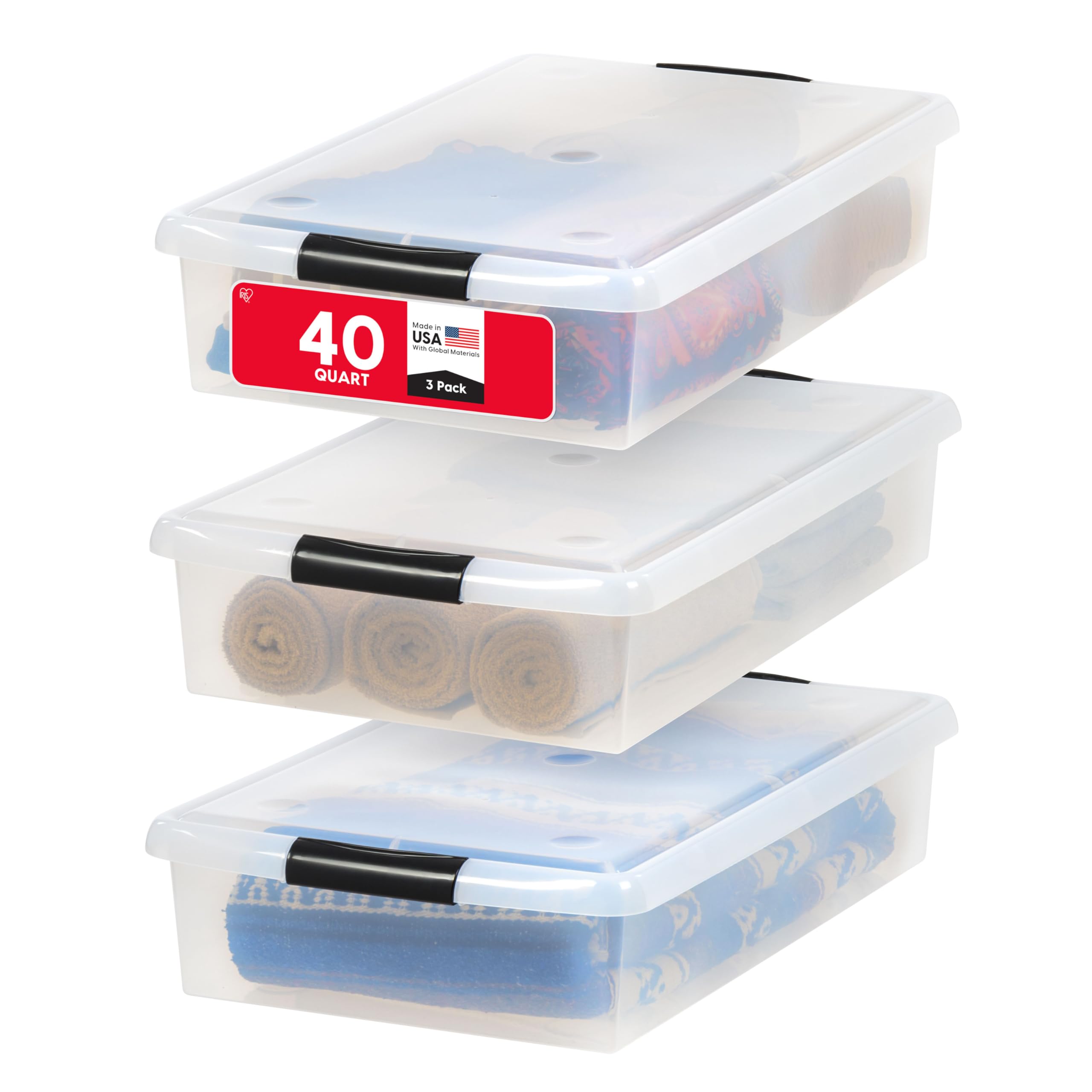 IRIS USA 40 Qt Plastic Under Bed Storage Nestable Organizer Bin Container with Secure Lids and Durable Buckles, 3-Pack, Under Bed Storage Containers for Clothes Shoes Bedding, Black/Clear