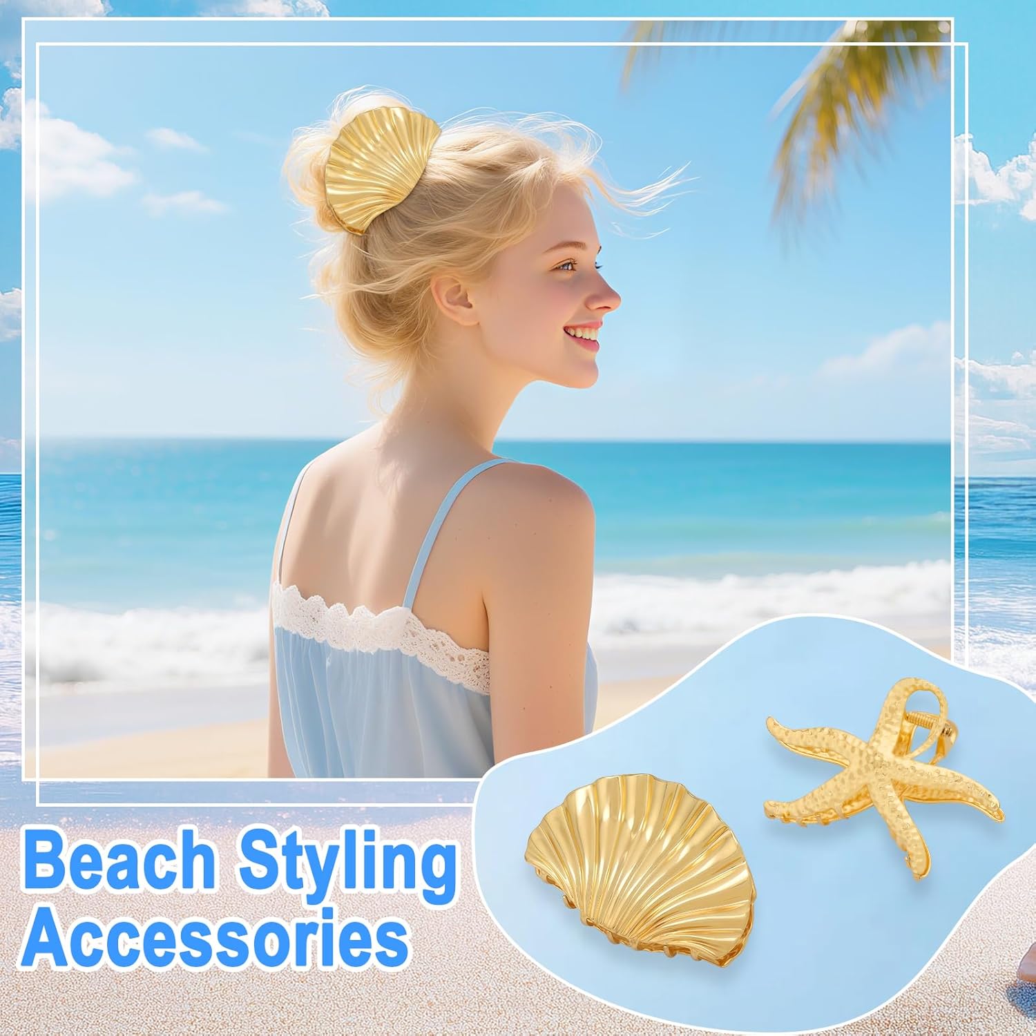 Zkptops 2Pcs Seashell Hair Clip Cute Starfish Hair Clips for Women Girls Metal Gold Claw Clips Large Seaside Beach Claw Clip Summer Holiday Catch Barrettes Trendy Strong Hold Styling Accessories - Image 4