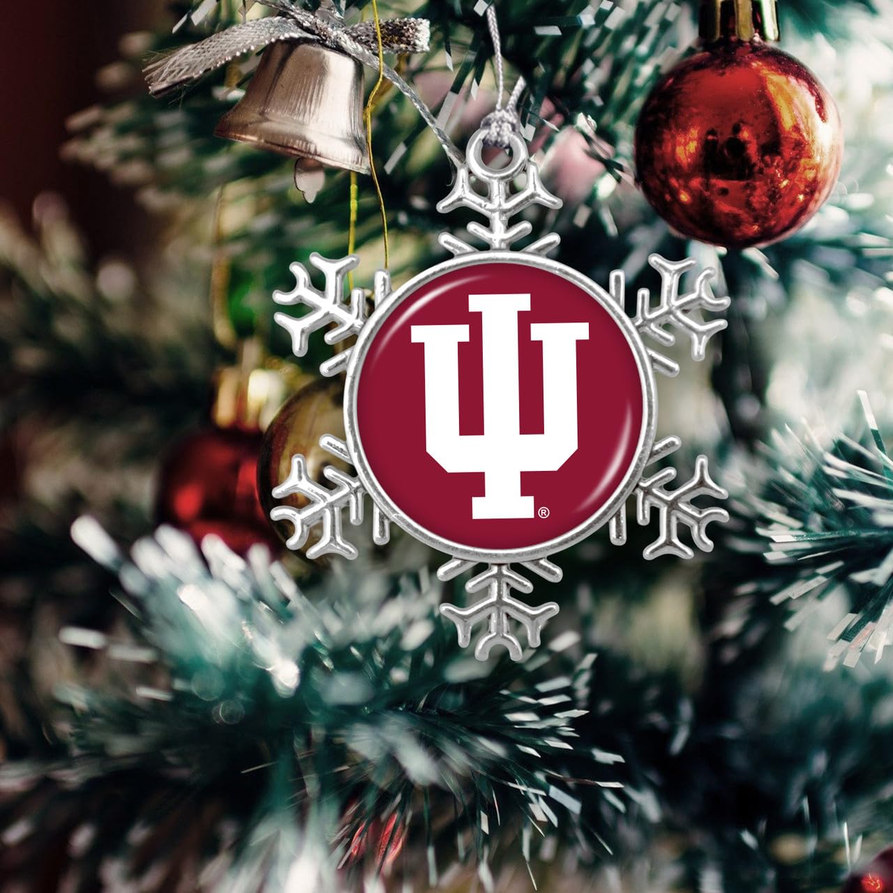 Indiana Hoosiers Snowflake with Team Logo Silver Metal Christmas Ornament Gift Tree Decoration
