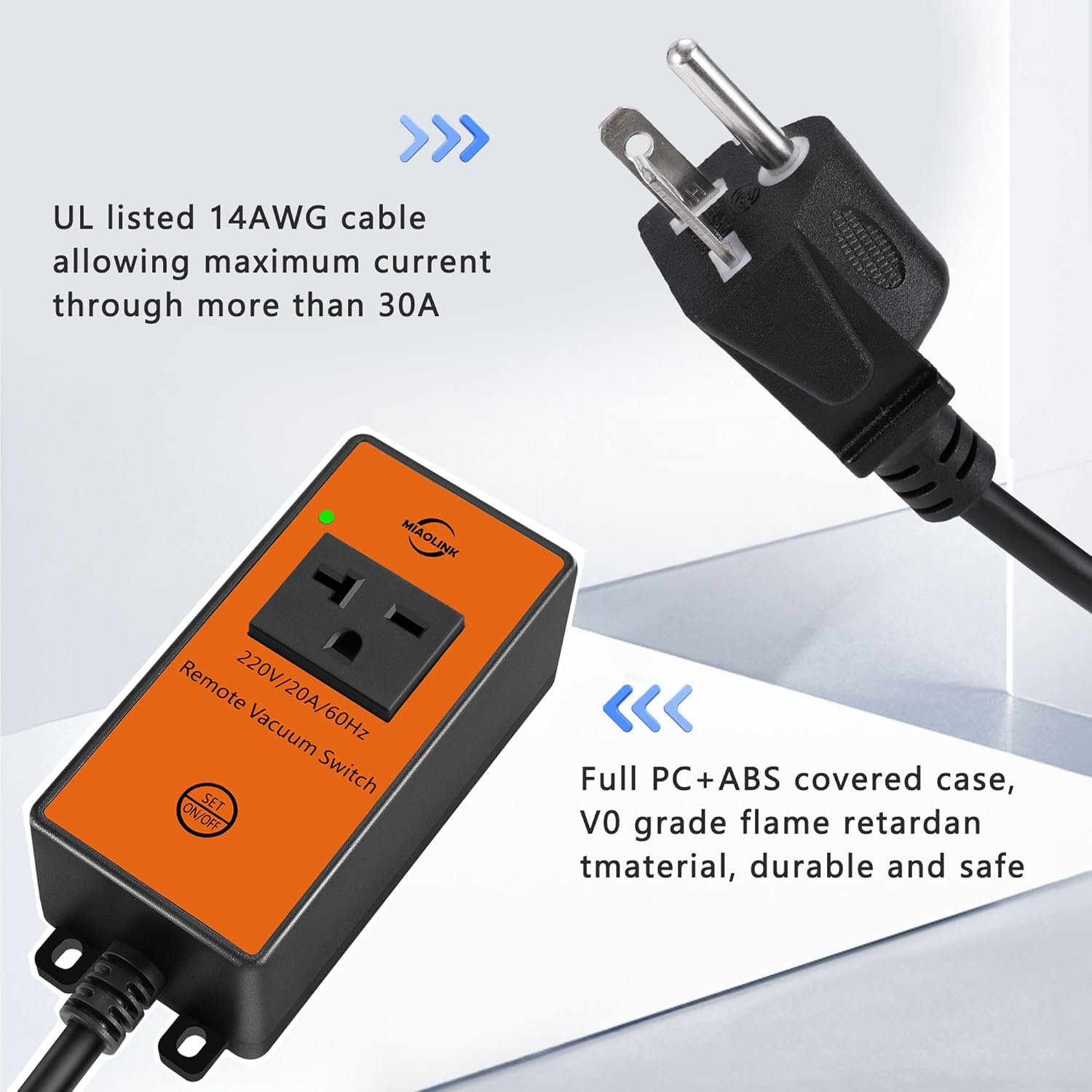 220v Automatic Remote Vacuum Switch， Wireless Remote for Dust Collector and Table Saw Tools Starter Outlet Switch, 5S 10S Delay OFF(Battery Included)