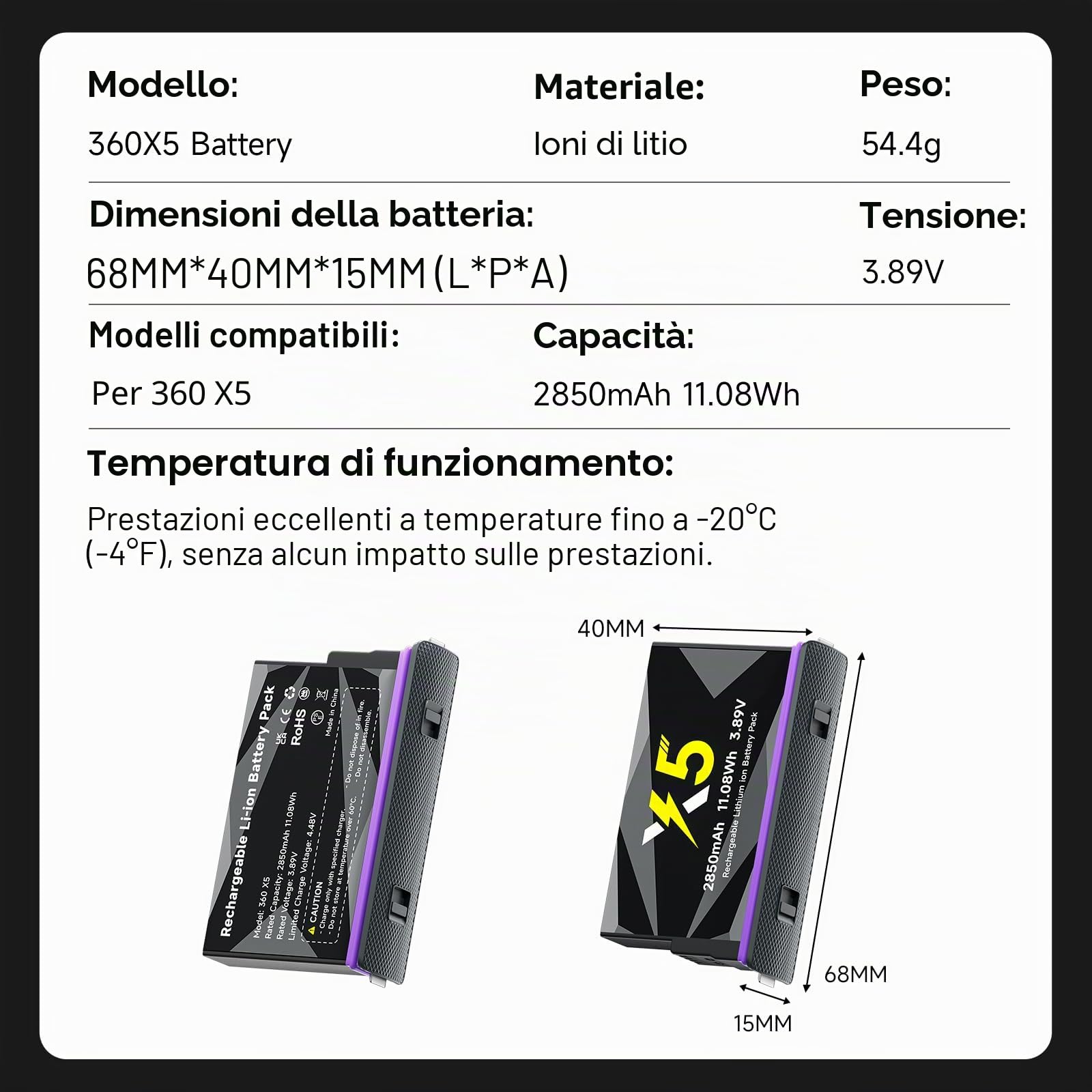 CITYORK Confezione da 3 batterie da 2850 mAh per fotocamera sportiva Insta-360. X5, batteria ricaricabile per Insta-360. Accessori a lunga durata, facile sostituzione [con custodia nera raffinata]