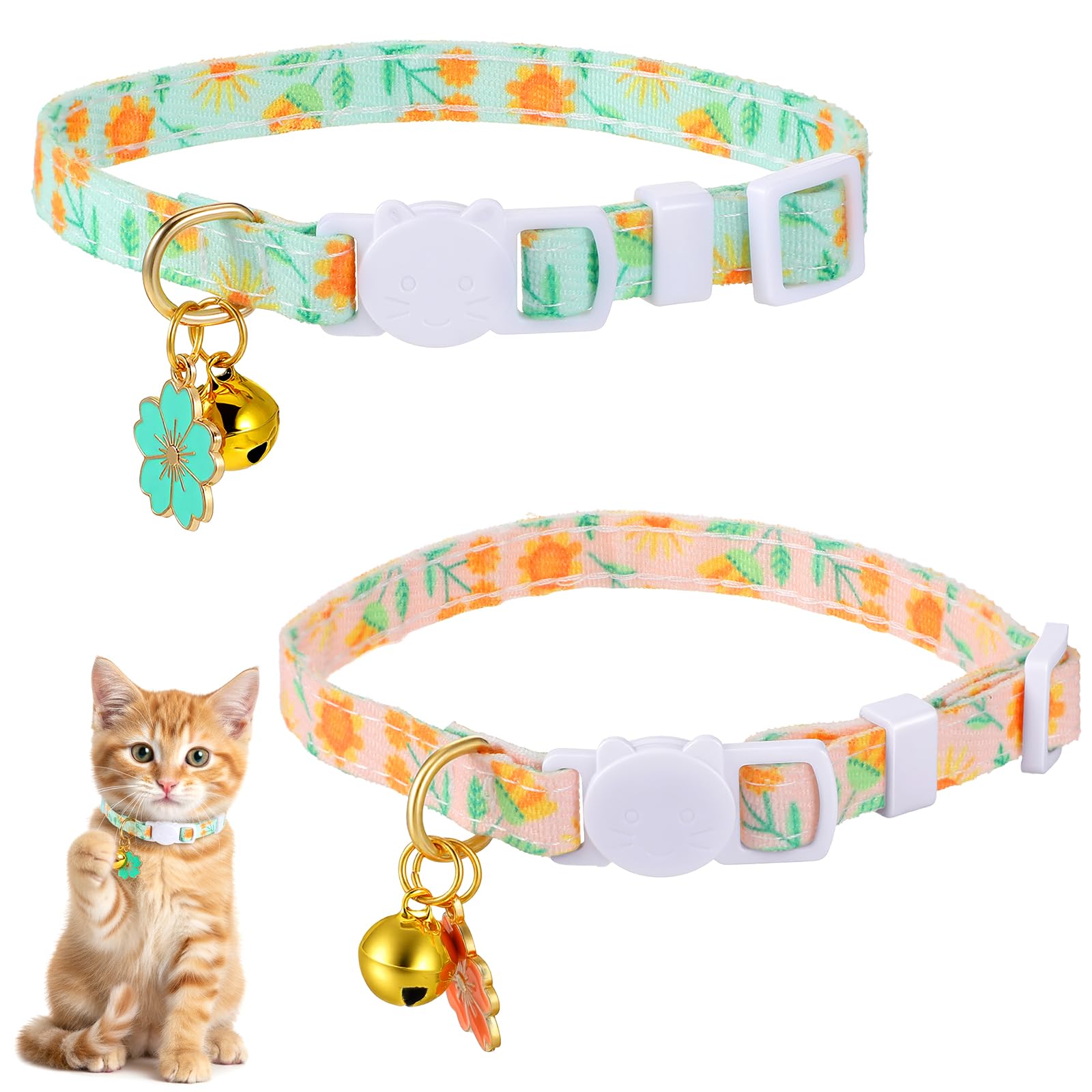Photo 1 of *Green only* Xinjoduz 2 PCS Cotton Breakaway Cat Collar Flower Pendant Kitten Collar with Bell Cute Kitten Cat Collars with Bell Cute Summer Pretty Flower Collars for Female Girl Cats Male Boy Cats (Pink Green)