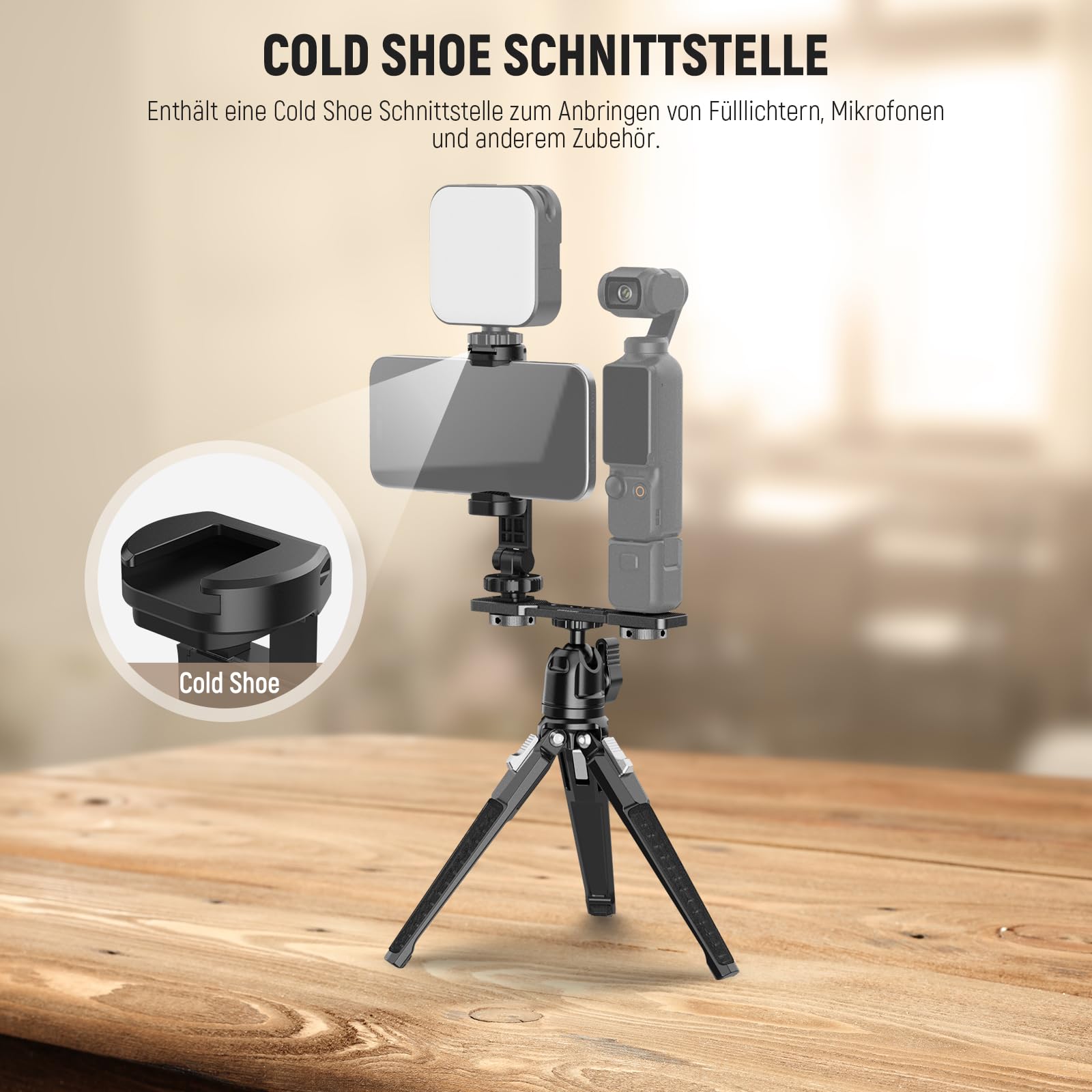 NEEWER Smartphone Halterung kompatibel mit DJI Osmo Pocket 4 & Pocket 3, Professionelle Handyhalterung mit 1/4" Gewinde & Kaltblitzschuh für Stativ, Verlängerungsstange, Videolicht, Mikrofon, AC021