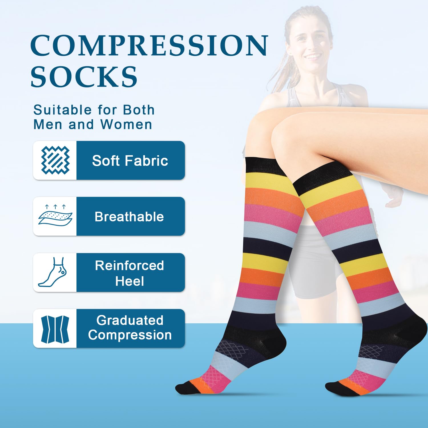 Lot de 8 paires de bas de compression pour homme et femme (15-20 mmHg), chaussettes de contention pour infirmières, sport, vol, voyage, course