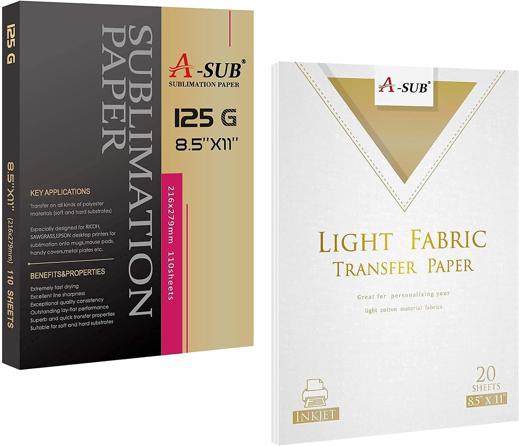 A-SUB 110 Sheets Sublimation Paper and 20 Sheets Light Cotton Fabric Iron-on Heat Transfer Paper