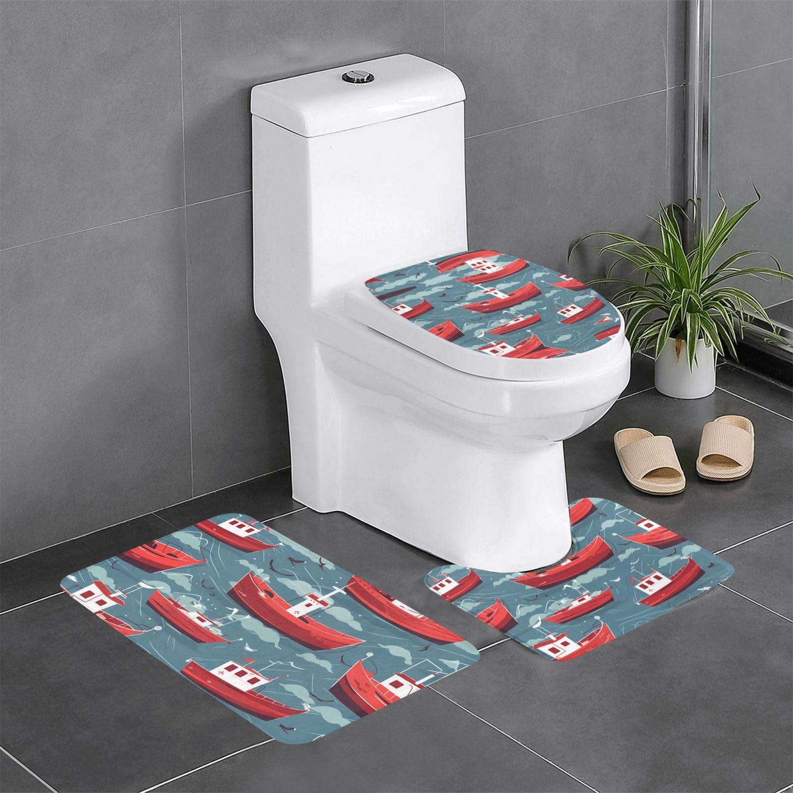Tapis de salle de bain pour votre coiffeuse et WC : ensemble rouge style marin lot de 3