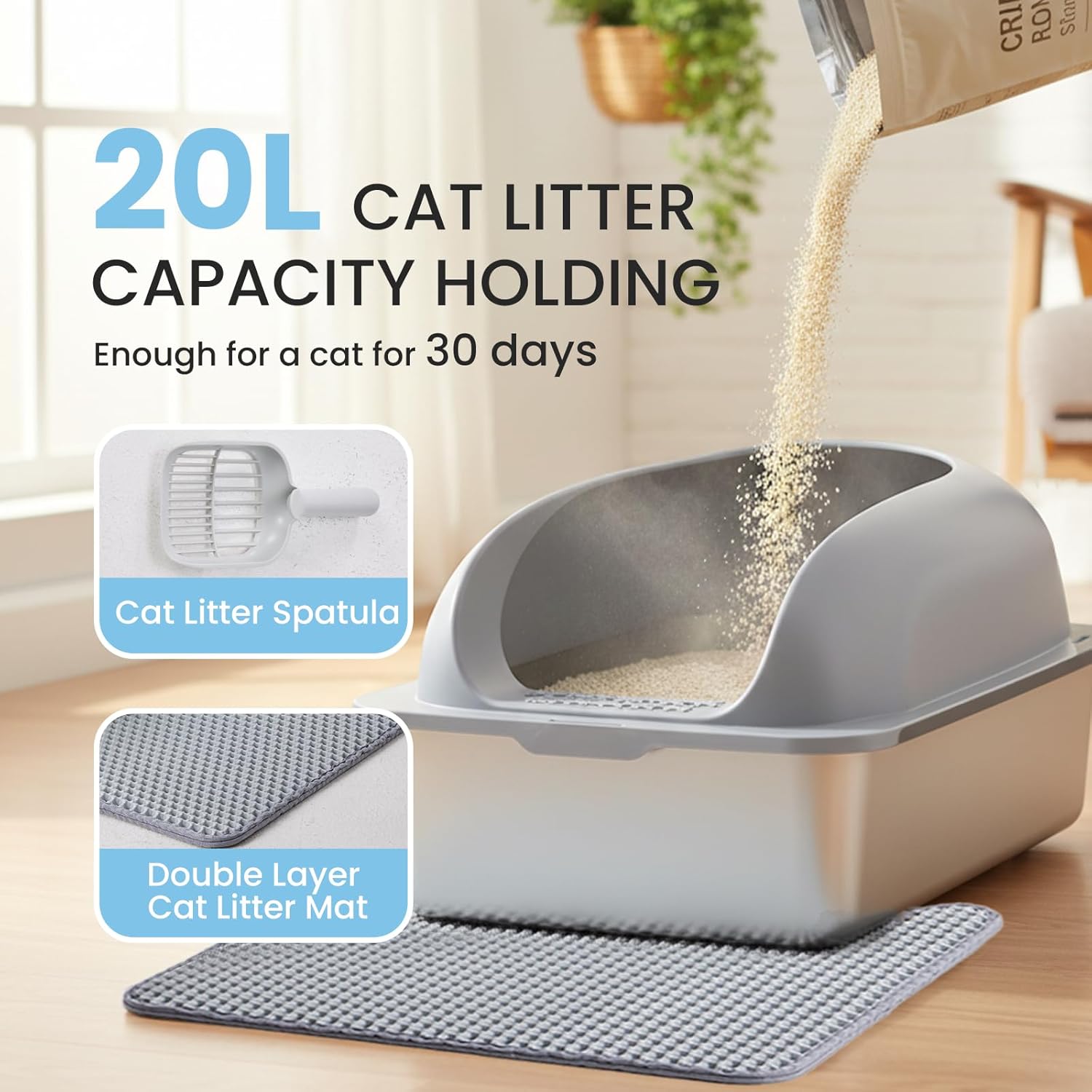 Simple Deluxe XL Stainless Steel Litter Box with Lid, Extra Large Cat Litter Box for Big Cats, High-Sided Anti-Leakage Metal Litter Tray, Non-Stick Bottom, Easy to Clean, Light Gray