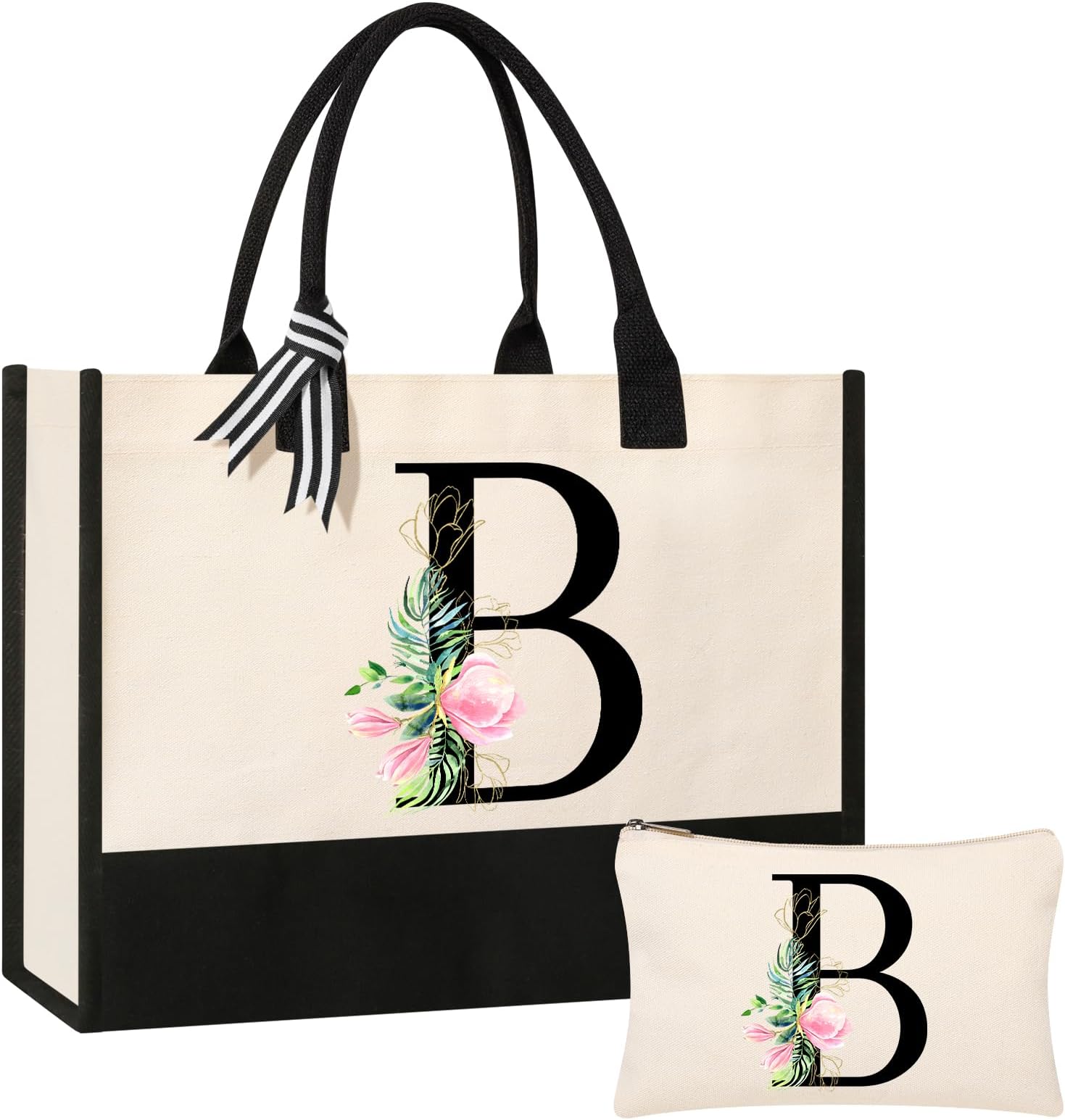 Personalized Initial Canvas Beach Bag Cosmetic Bags, Tote Bag, Makeup Bag, Gifts for Sister Mom Teacher Bridesmaid