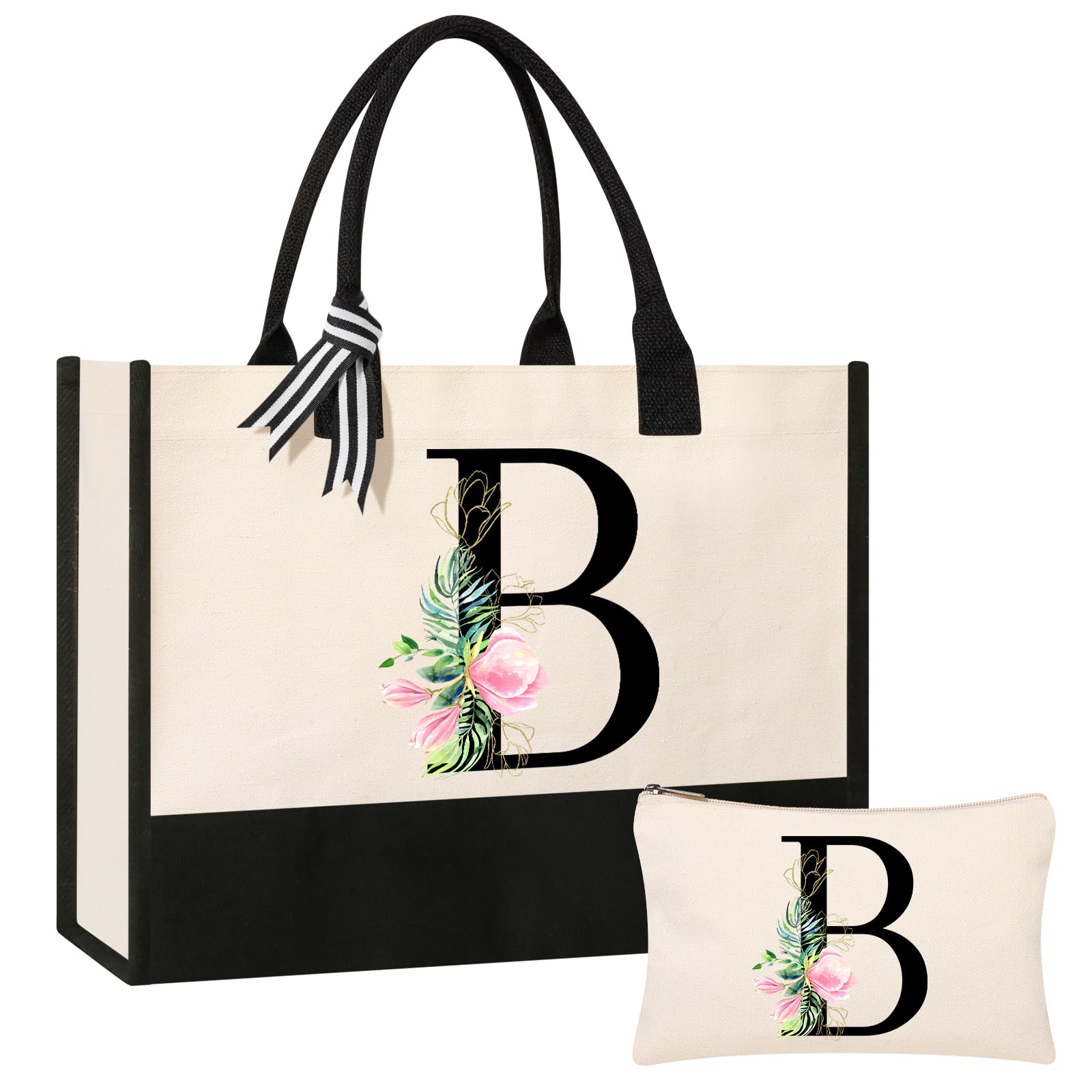 AYGE Personalized Initial Canvas Beach Bag Cosmetic Bags, Tote Bag, Makeup Bag, Gifts for Sister Mom Teacher Bridesmaid