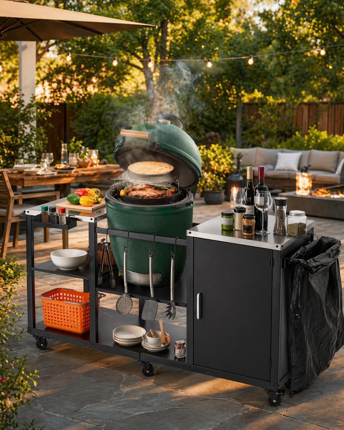 Outdoor Grill Cart Table for Big Green Egg, Metal BBQ Prep Cart with Storage Cabinet & 304 Stainless Steel Top, Compatible with XL Green Egg, Kamado Joe, Primo XL