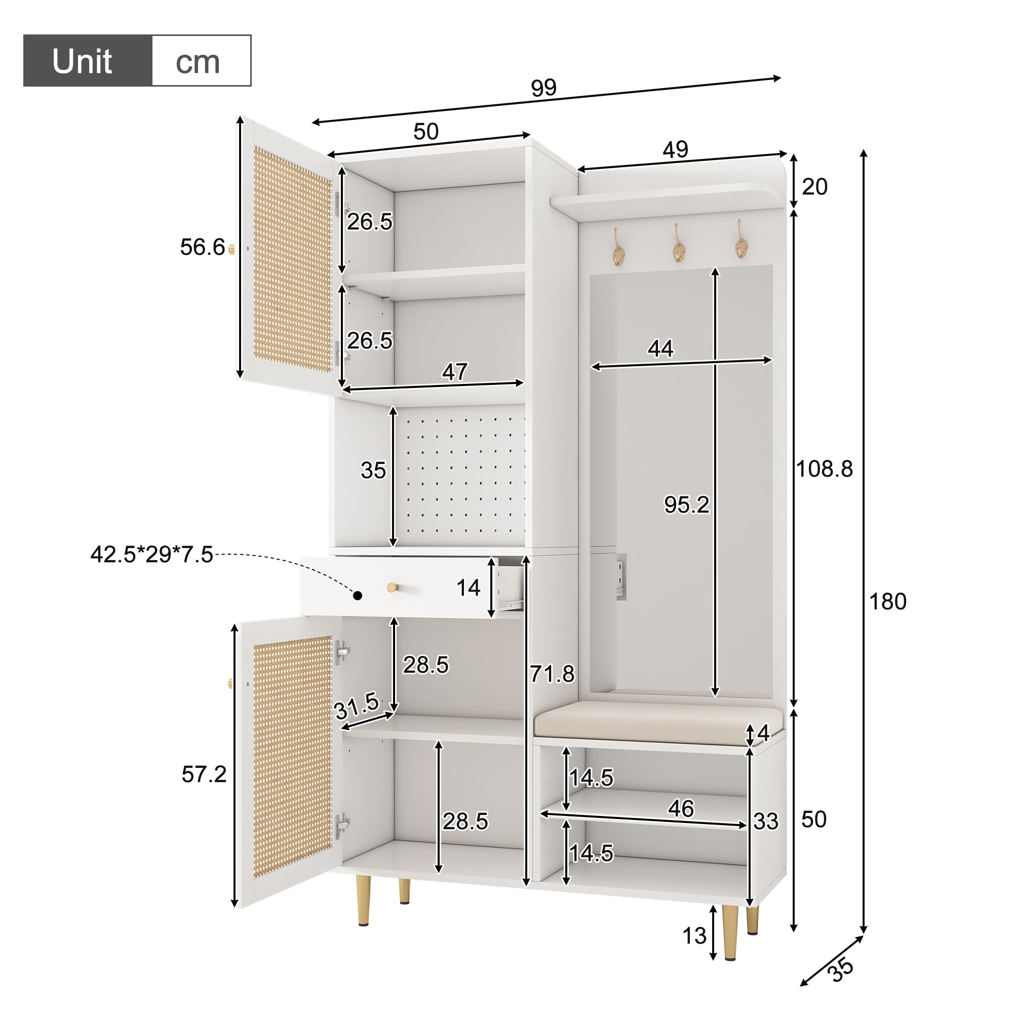Set guardaroba con scarpiera, specchio, ganci e scarpiera, cassettiera con 2 ante in rattan, 1 cassetto, scarpiera aperta e parete forata, gambe in ferro, per corridoio e ingresso, 99 x 35 x