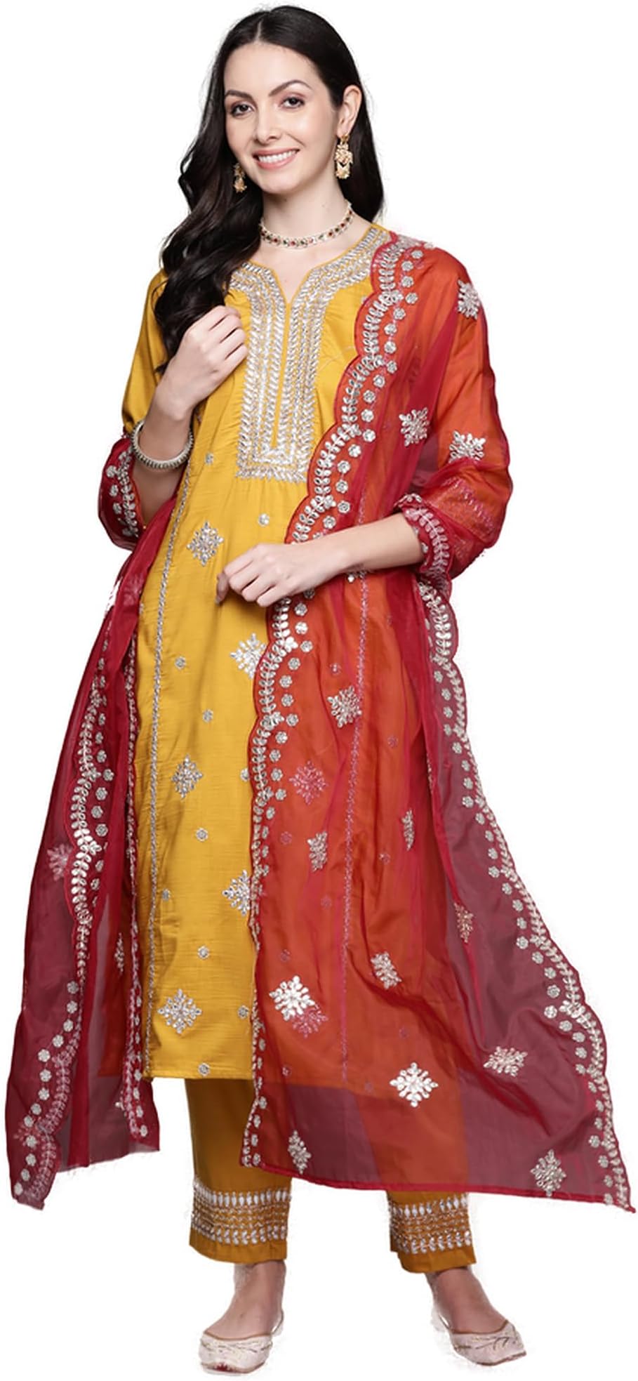 INDO ERAWomen's Embroidered Silk Kurta Pant With Dupatta Set