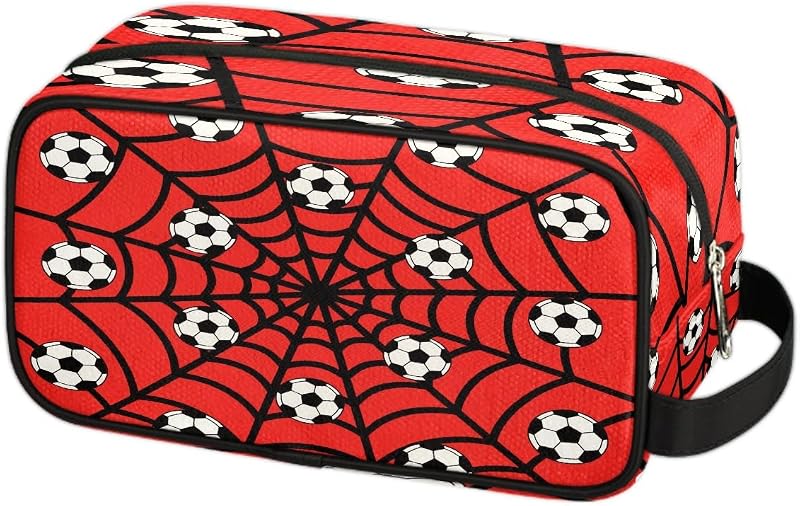 Travel Toiletry Bag for Boys Kids - Red Soccer Ball Spider Web Waterproof Hanging Cosmetic Hygiene Bags Lightweight Large Shave Kit for Toiletries Accessories Bathroom Stuff, Gifts for Men