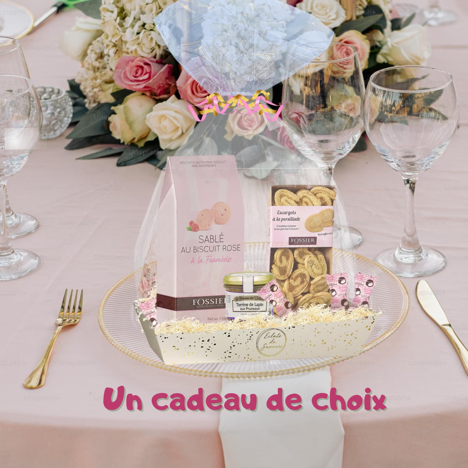 Corbeille FOSSIER-MONBANA : biscuits, guimauves, Terrine et Feuilletés | Terrine, feuilletés salés et biscuits roses de Reims Fossier - cadeau fête des Mères, fête des Pères, anniversaire, femme